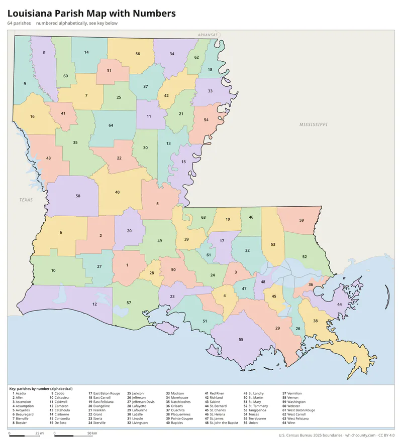 Louisiana parish map with numbers