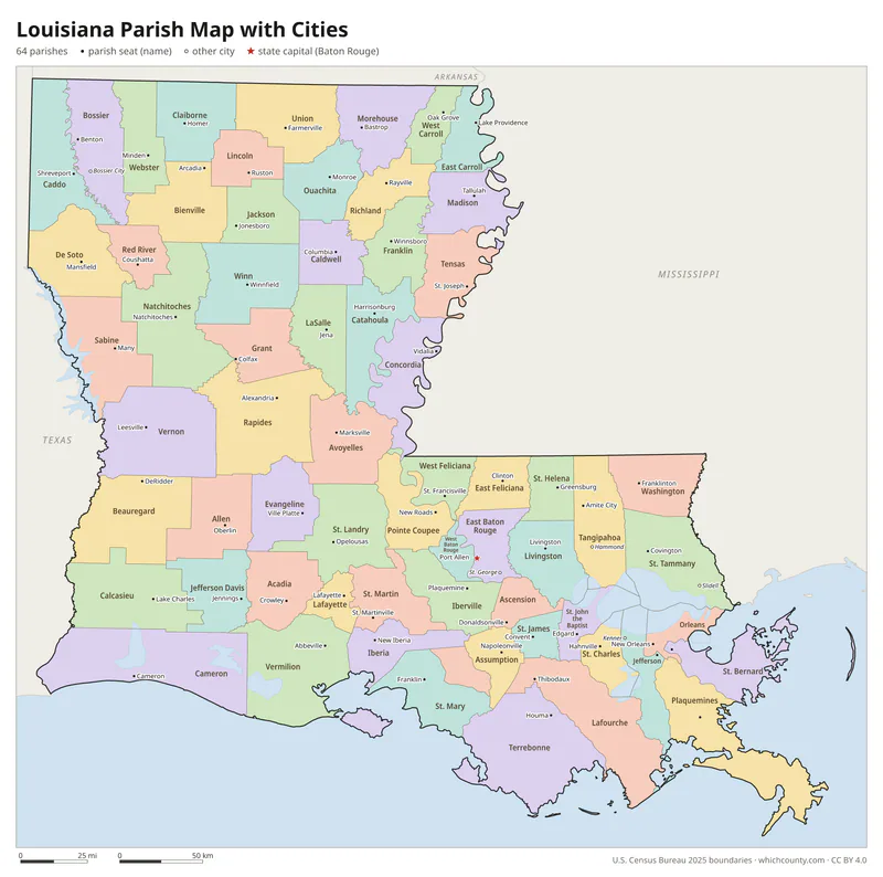 Louisiana parish map with cities and parish seats