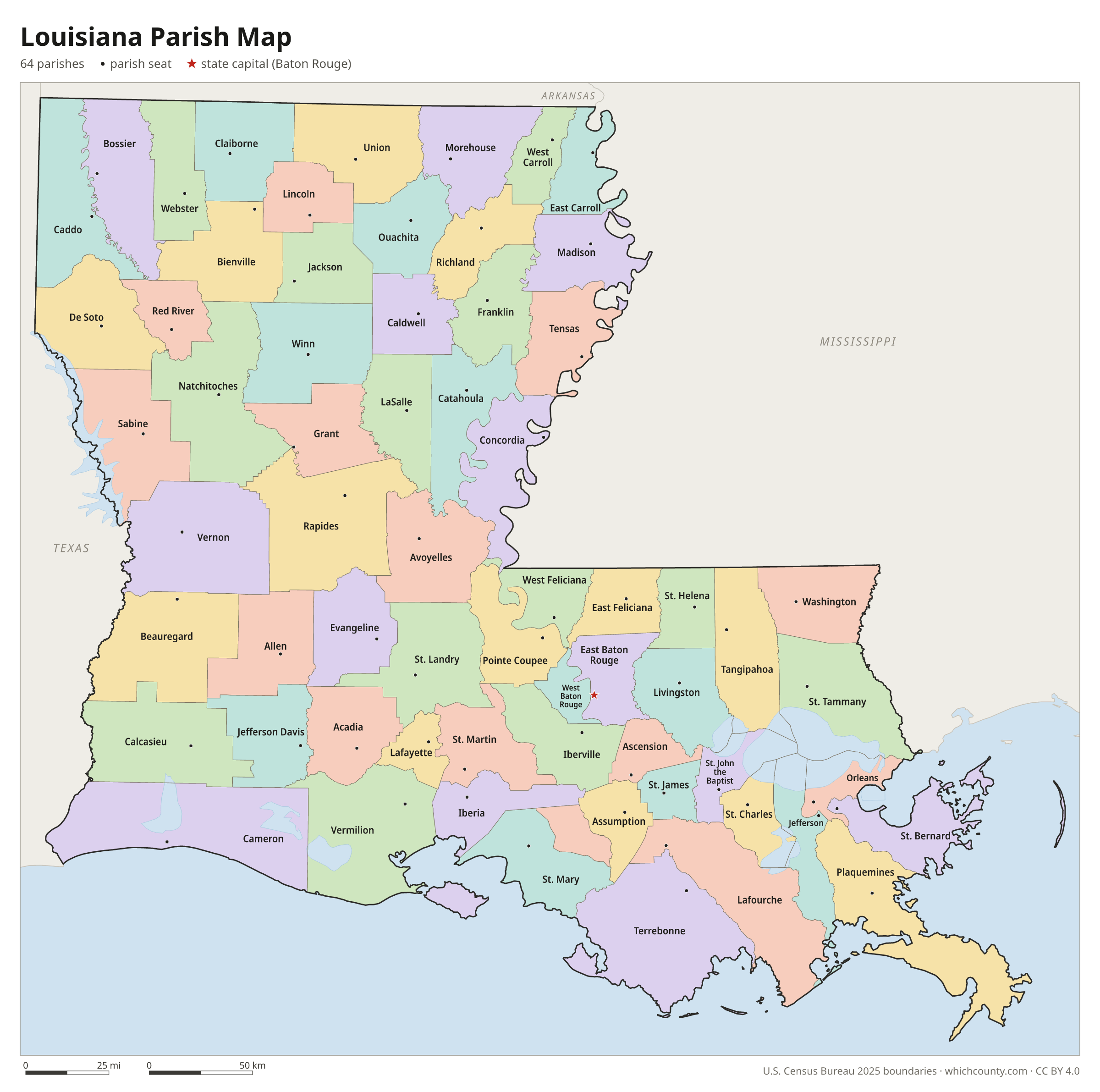 Louisiana parish map showing all 64 parishes with parish names and parish seats