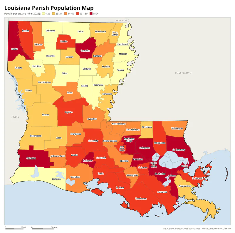 Map of Louisiana parishes shaded by population density