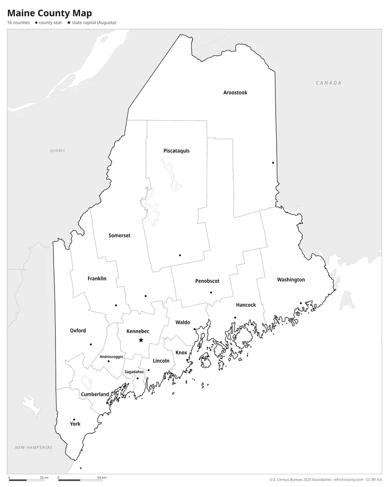 Black and white Maine county map