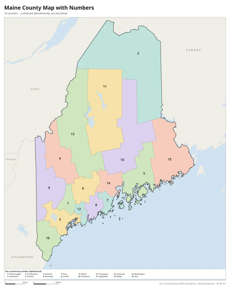 Maine county map with numbers