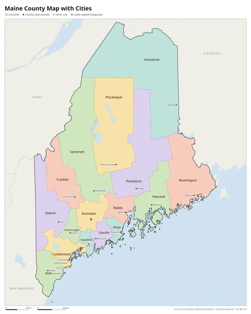 Maine county map with cities and county seats