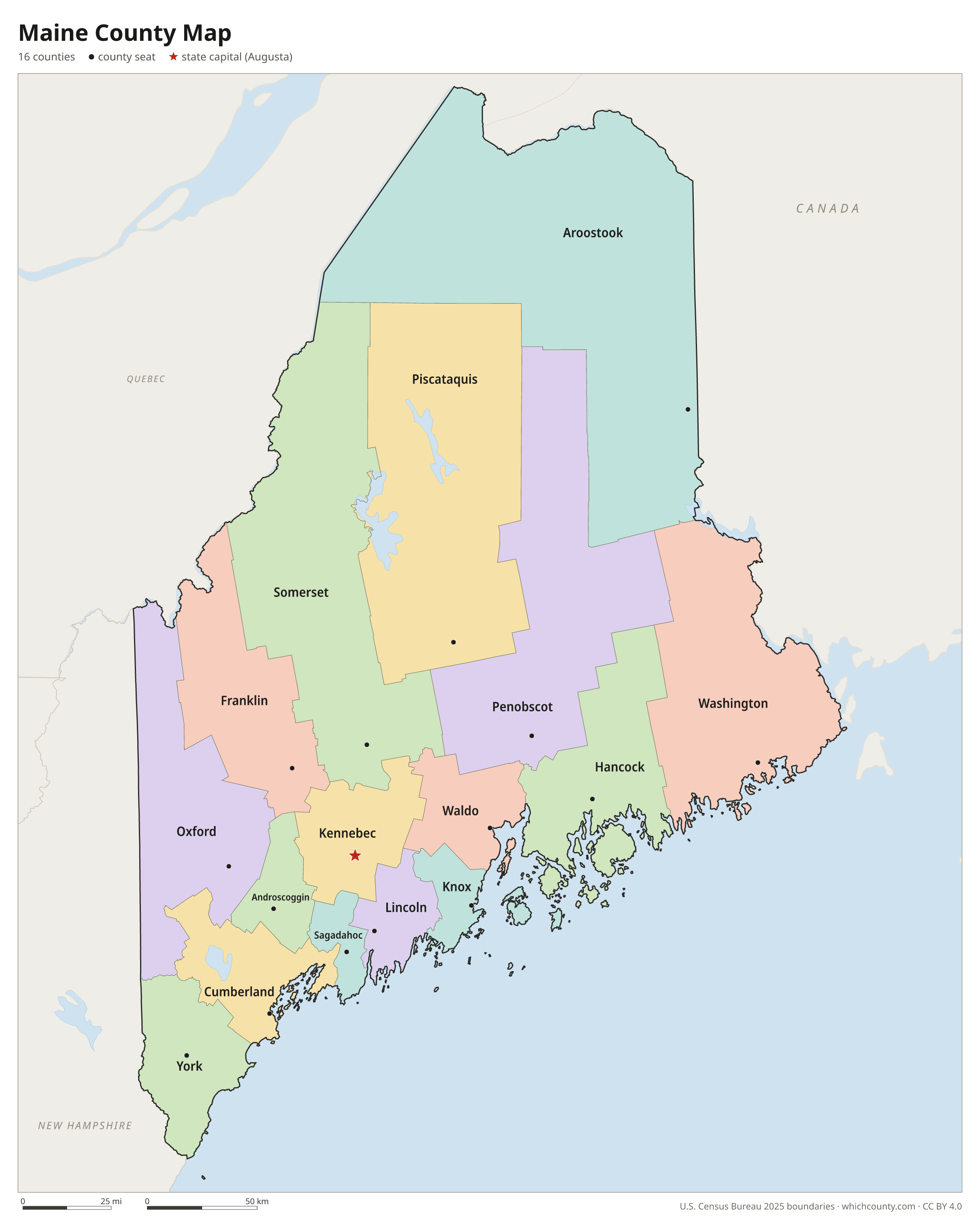 Maine county map showing all 16 counties with county names and county seats