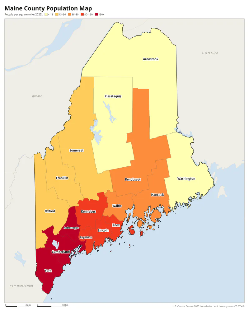 Map of Maine counties shaded by population density
