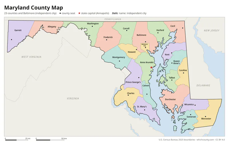 Maryland county map with all 24 counties labeled