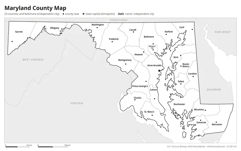 Black and white Maryland county map
