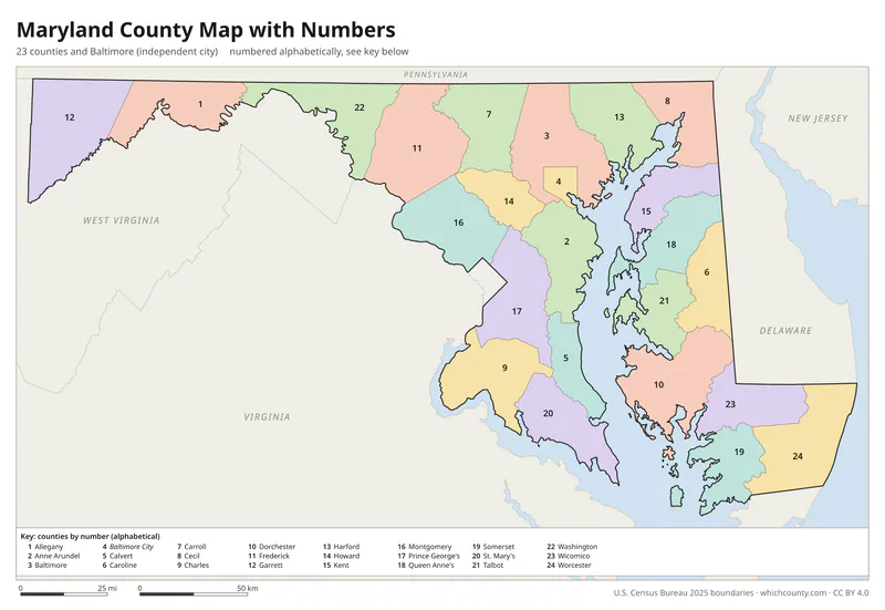 Maryland county map with numbers