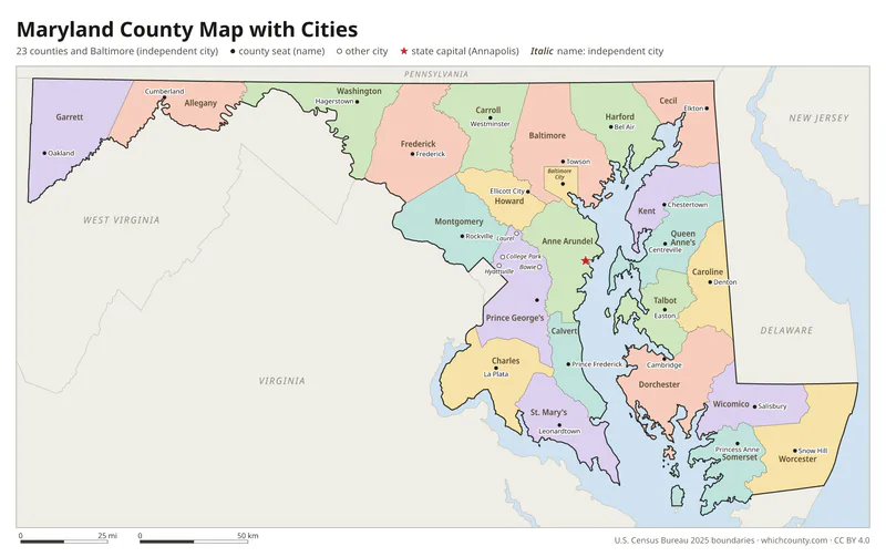 Maryland county map with cities and county seats