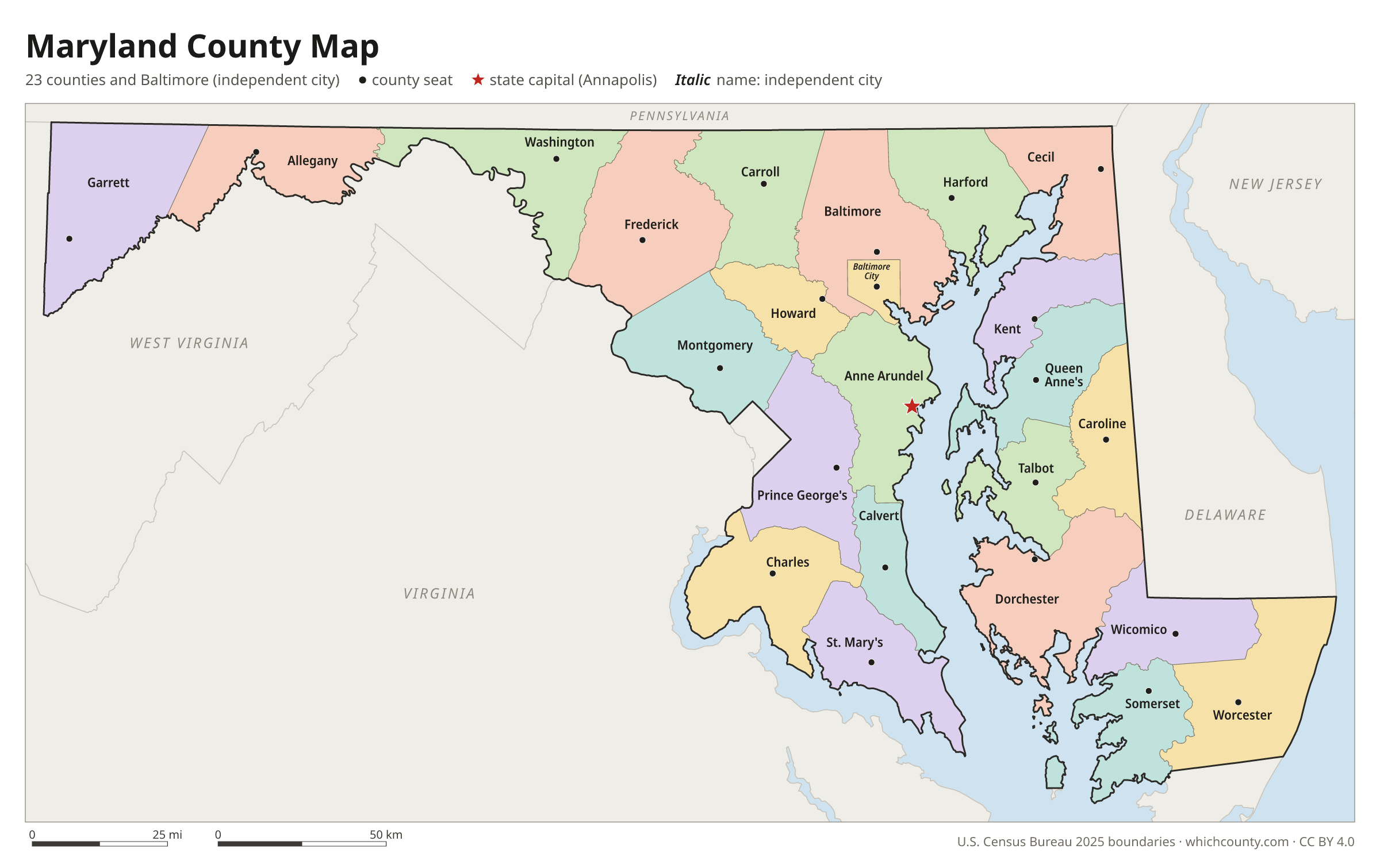 Maryland county map showing all 24 counties with county names and county seats