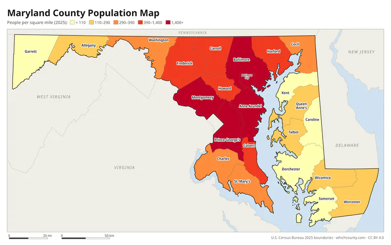 Map of Maryland counties shaded by population density