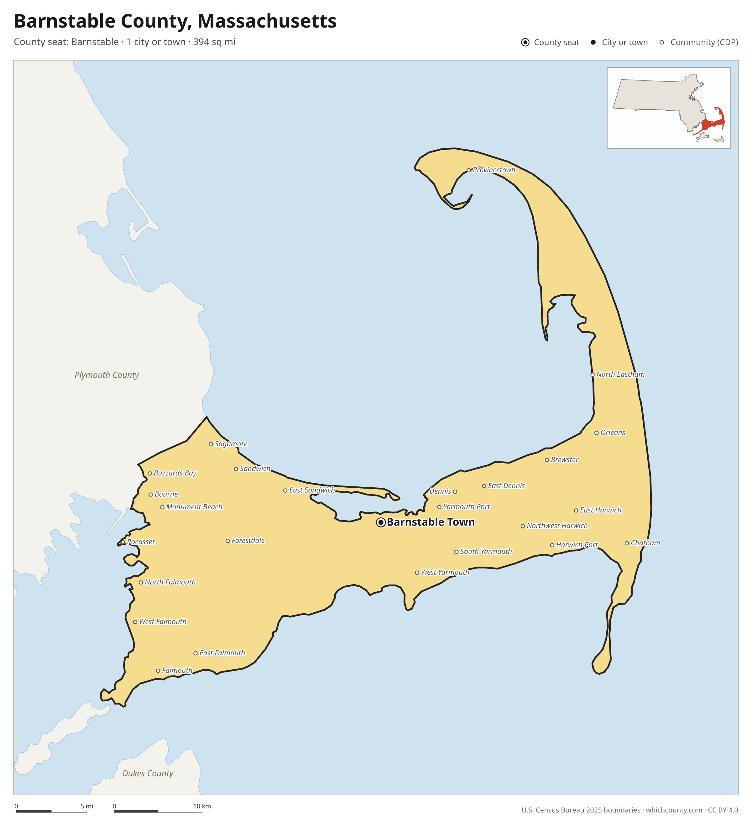 Map of Barnstable County, Massachusetts with cities, towns and the county boundary