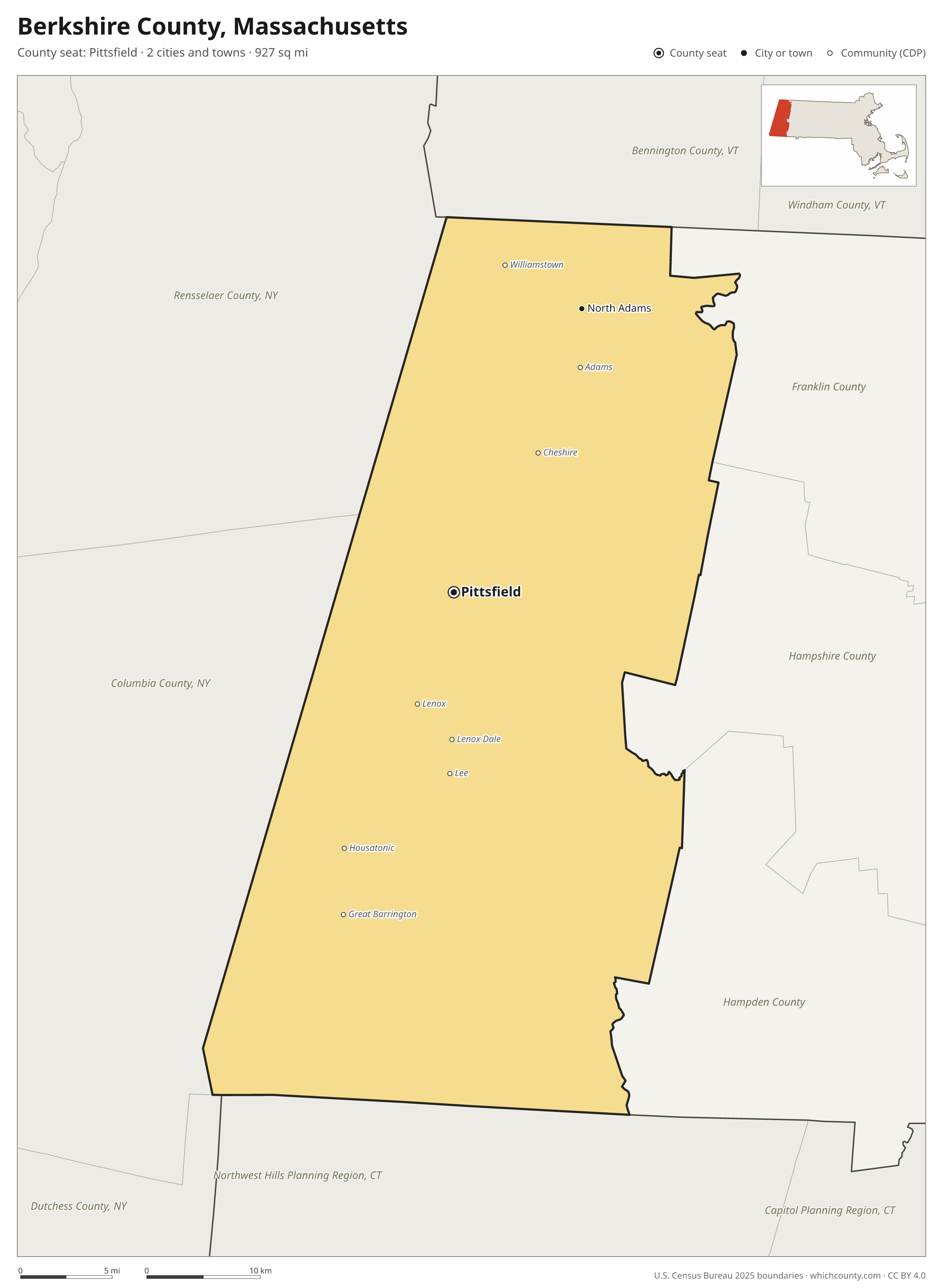 Map of Berkshire County, Massachusetts with cities, towns and the county boundary