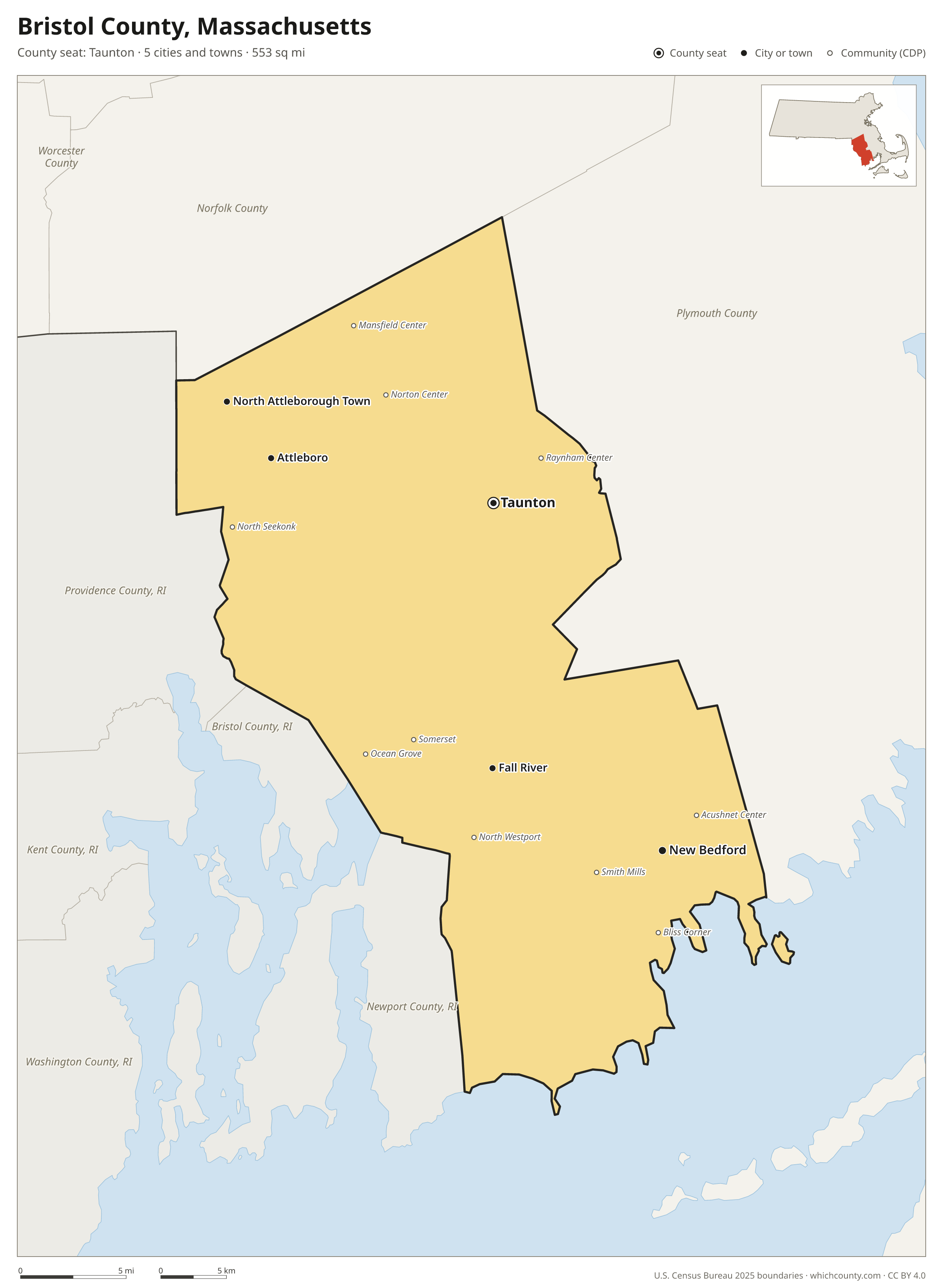 Map of Bristol County, Massachusetts with cities, towns and the county boundary
