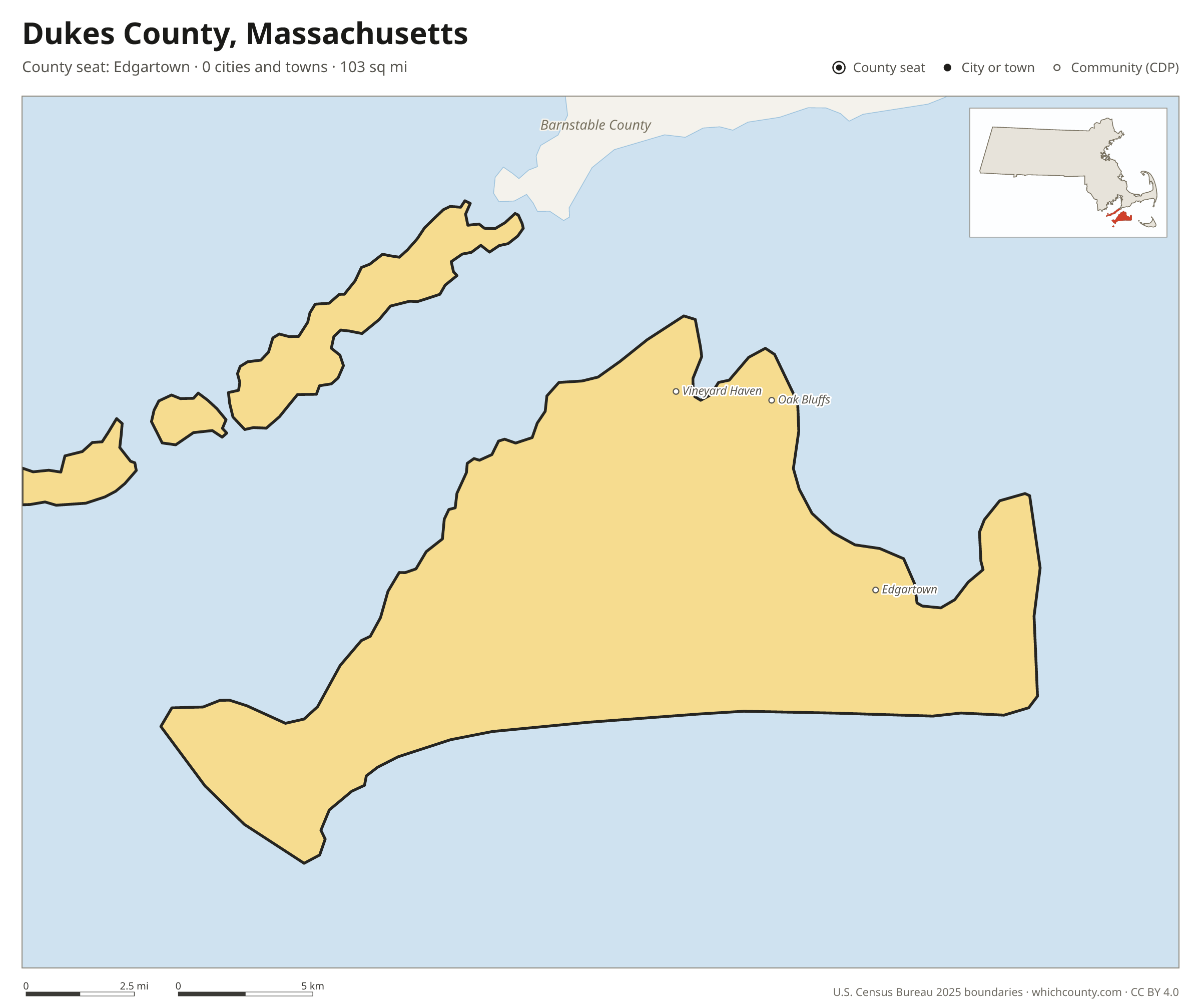 Map of Dukes County, Massachusetts with cities, towns and the county boundary