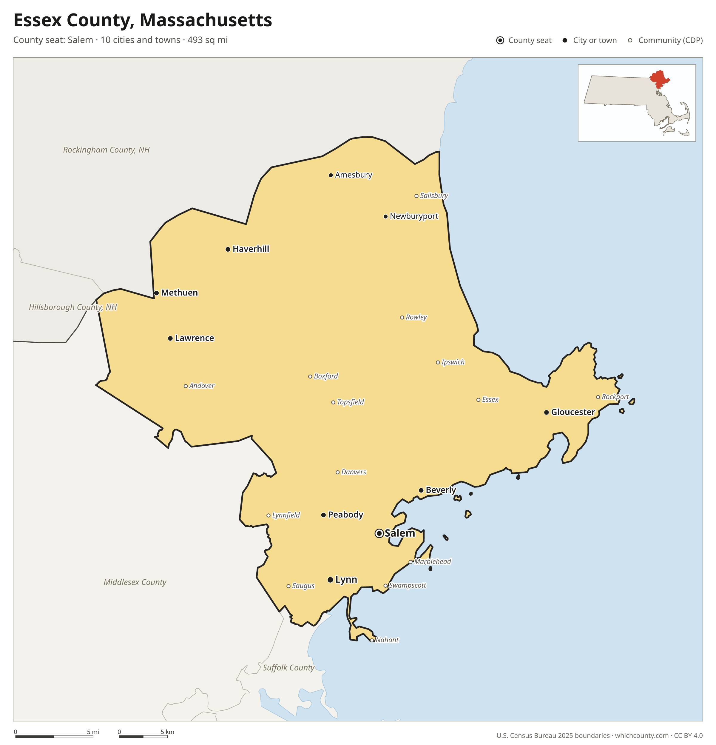 Map of Essex County, Massachusetts with cities, towns and the county boundary