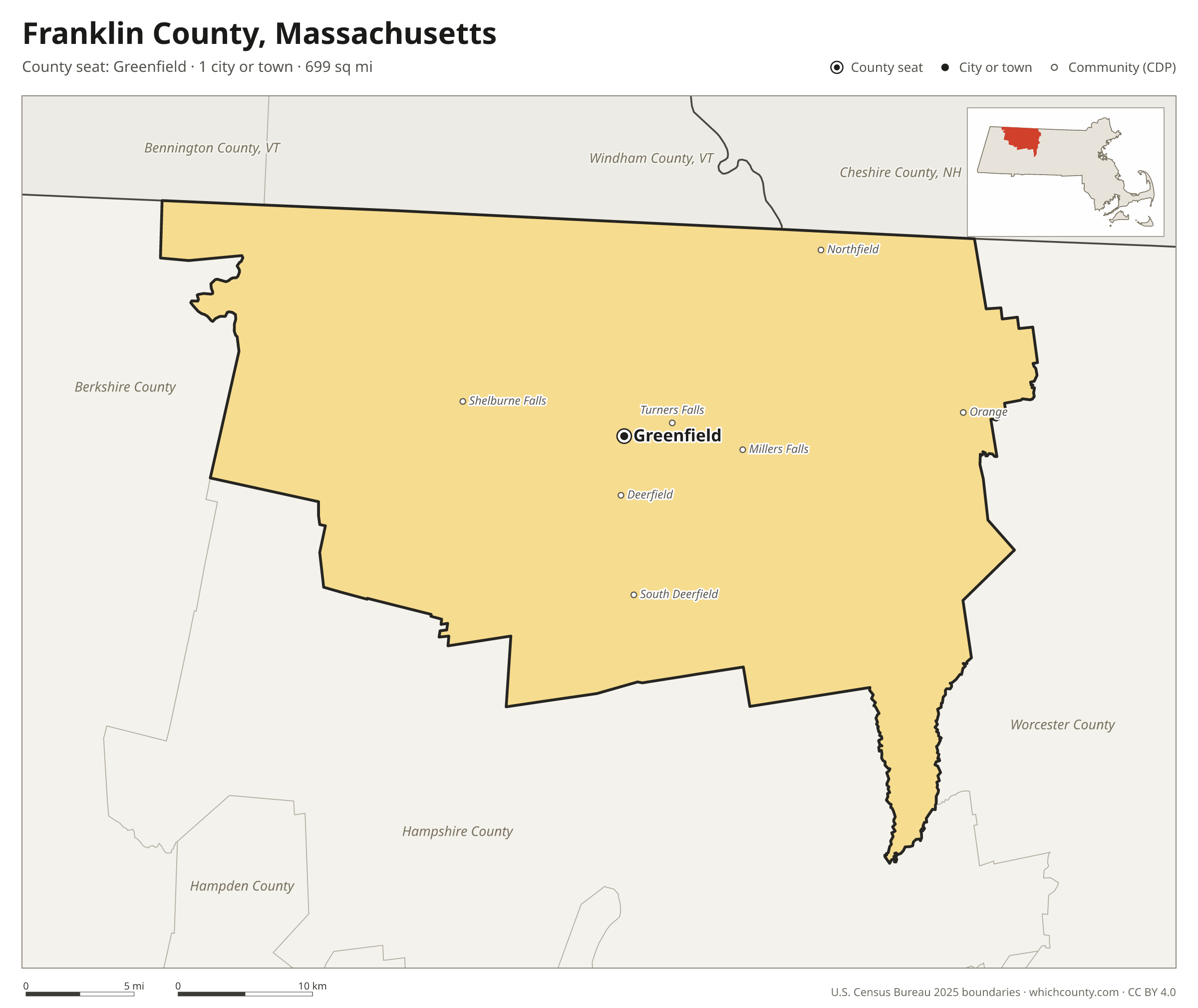 Map of Franklin County, Massachusetts with cities, towns and the county boundary