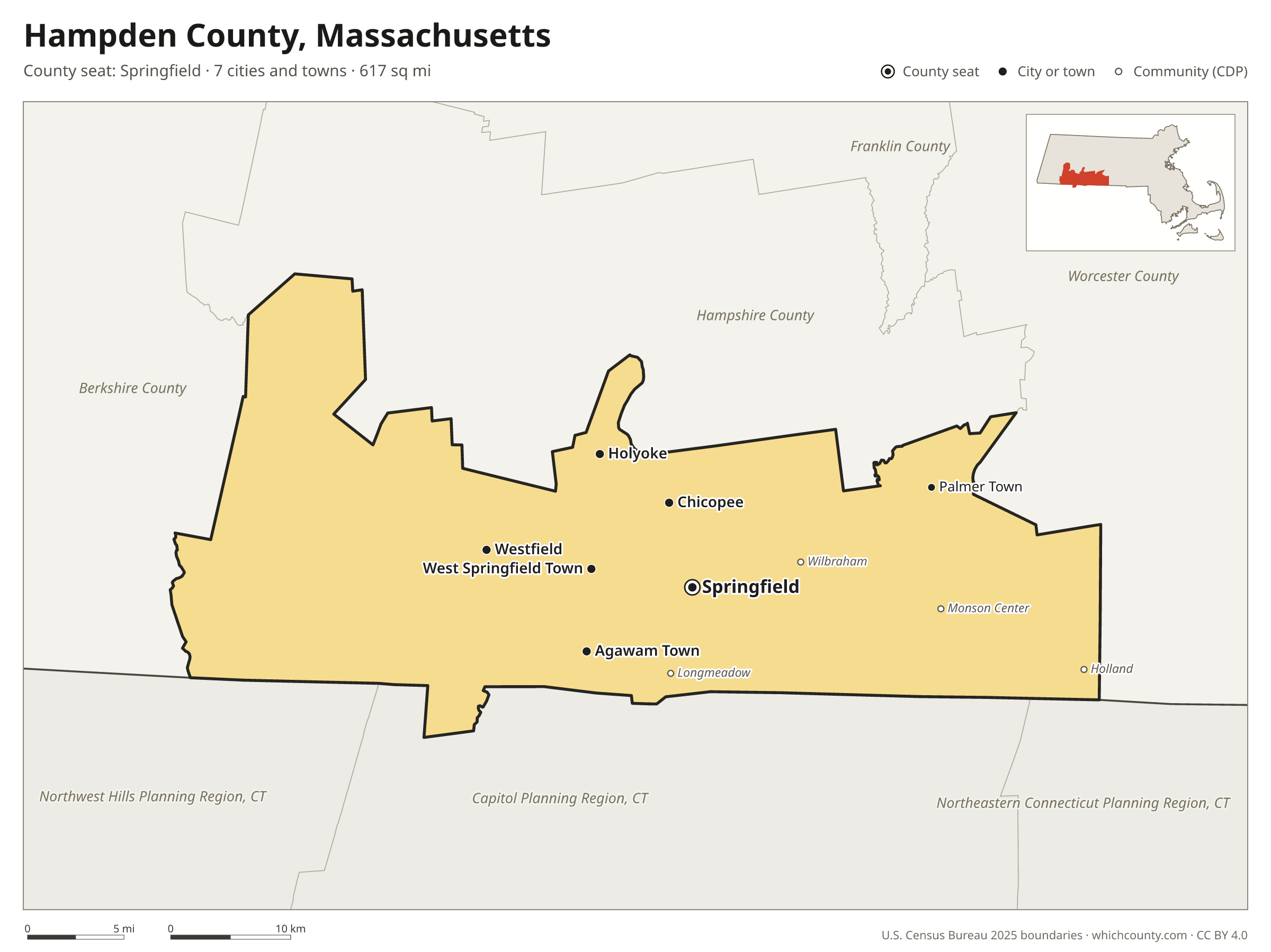 Map of Hampden County, Massachusetts with cities, towns and the county boundary