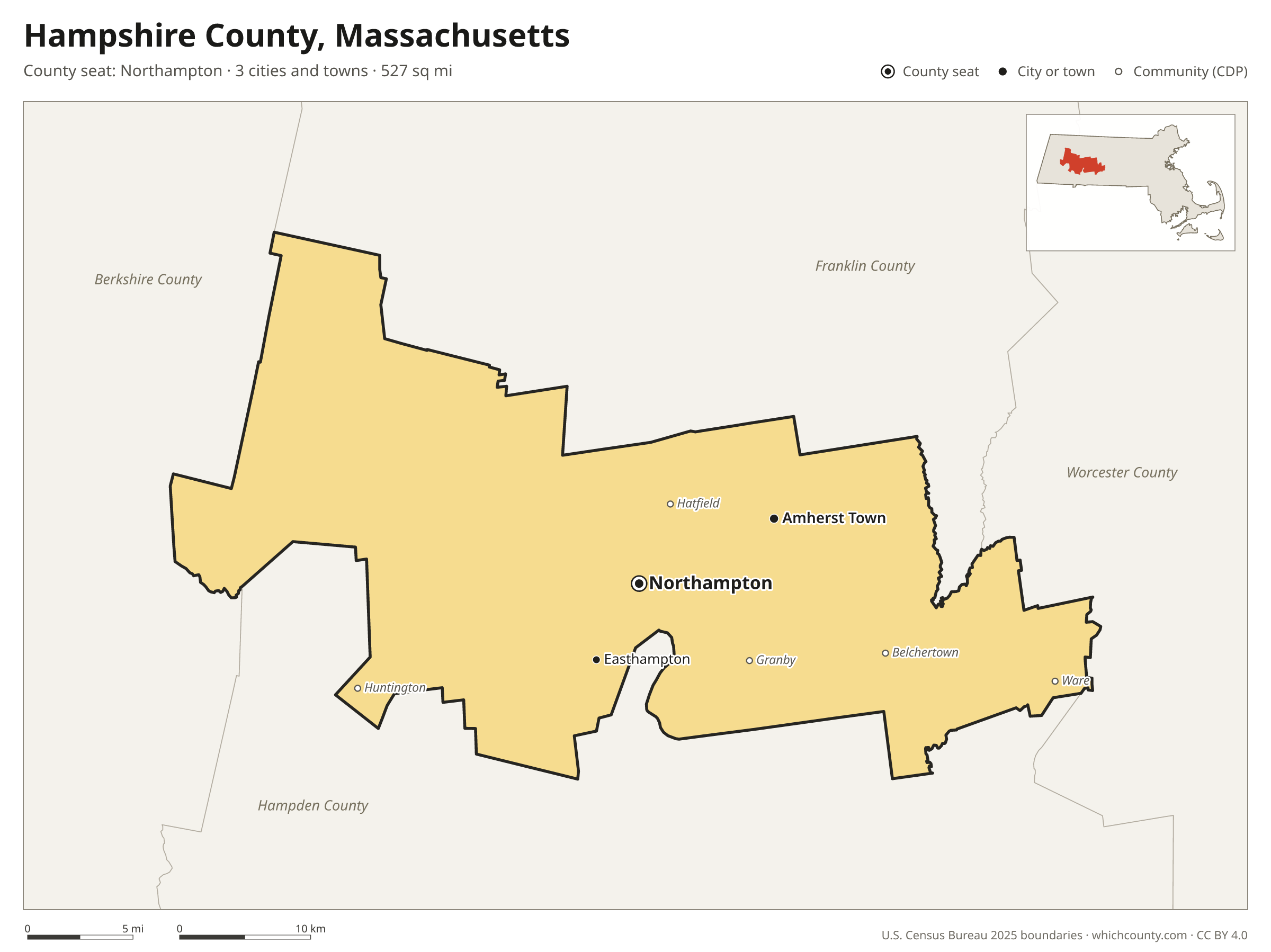 Map of Hampshire County, Massachusetts with cities, towns and the county boundary