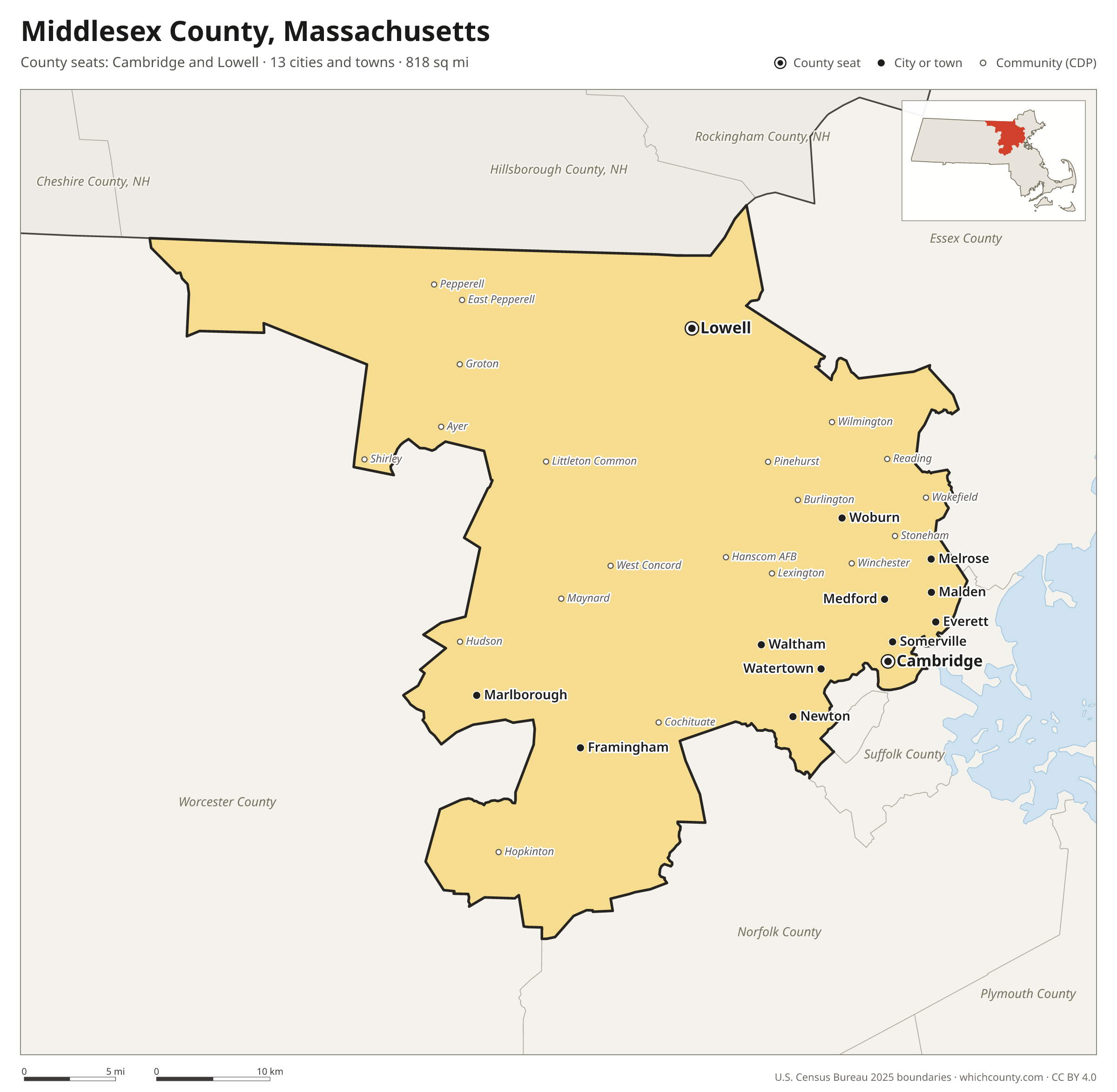 Map of Middlesex County, Massachusetts with cities, towns and the county boundary