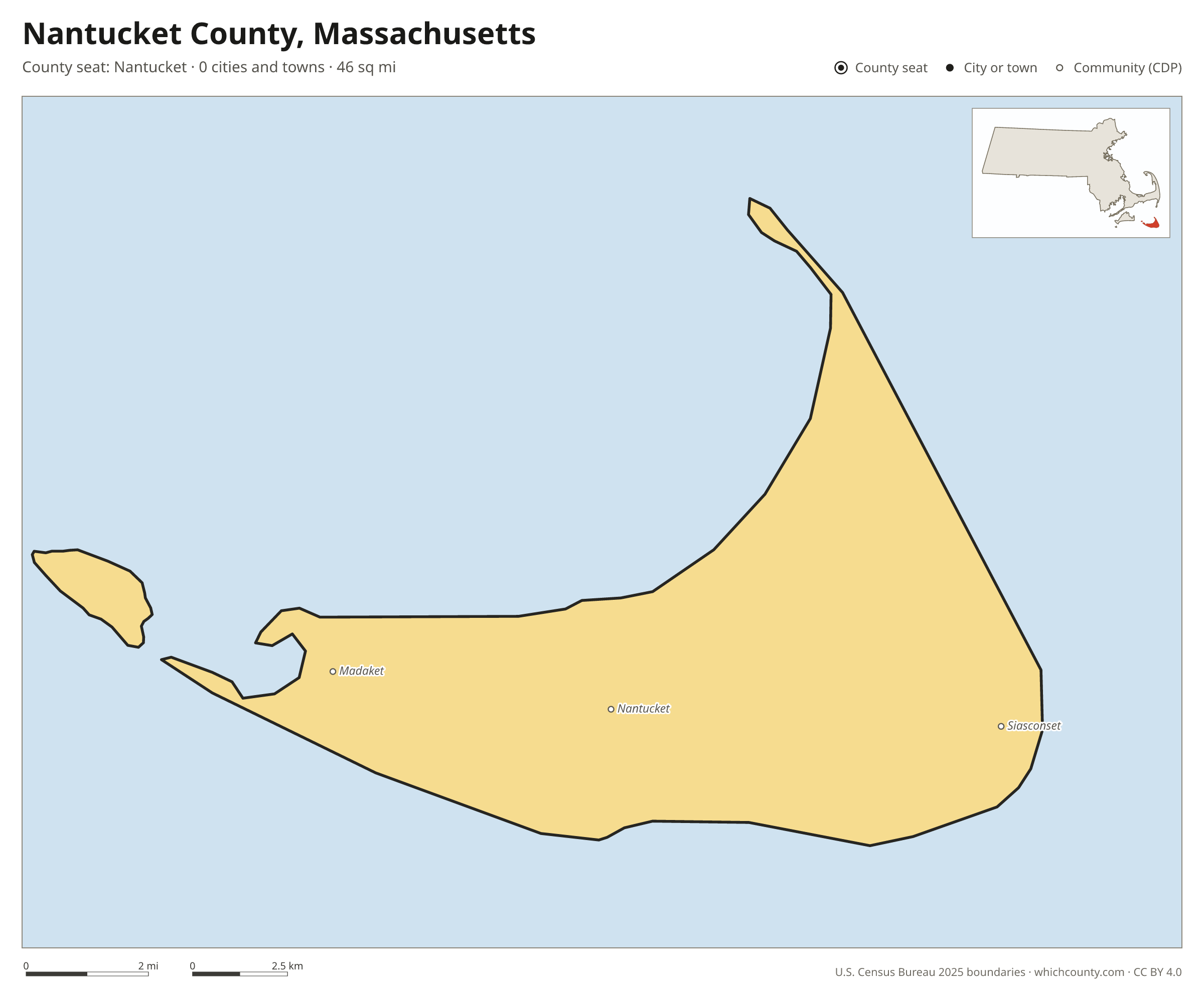 Map of Nantucket County, Massachusetts with cities, towns and the county boundary