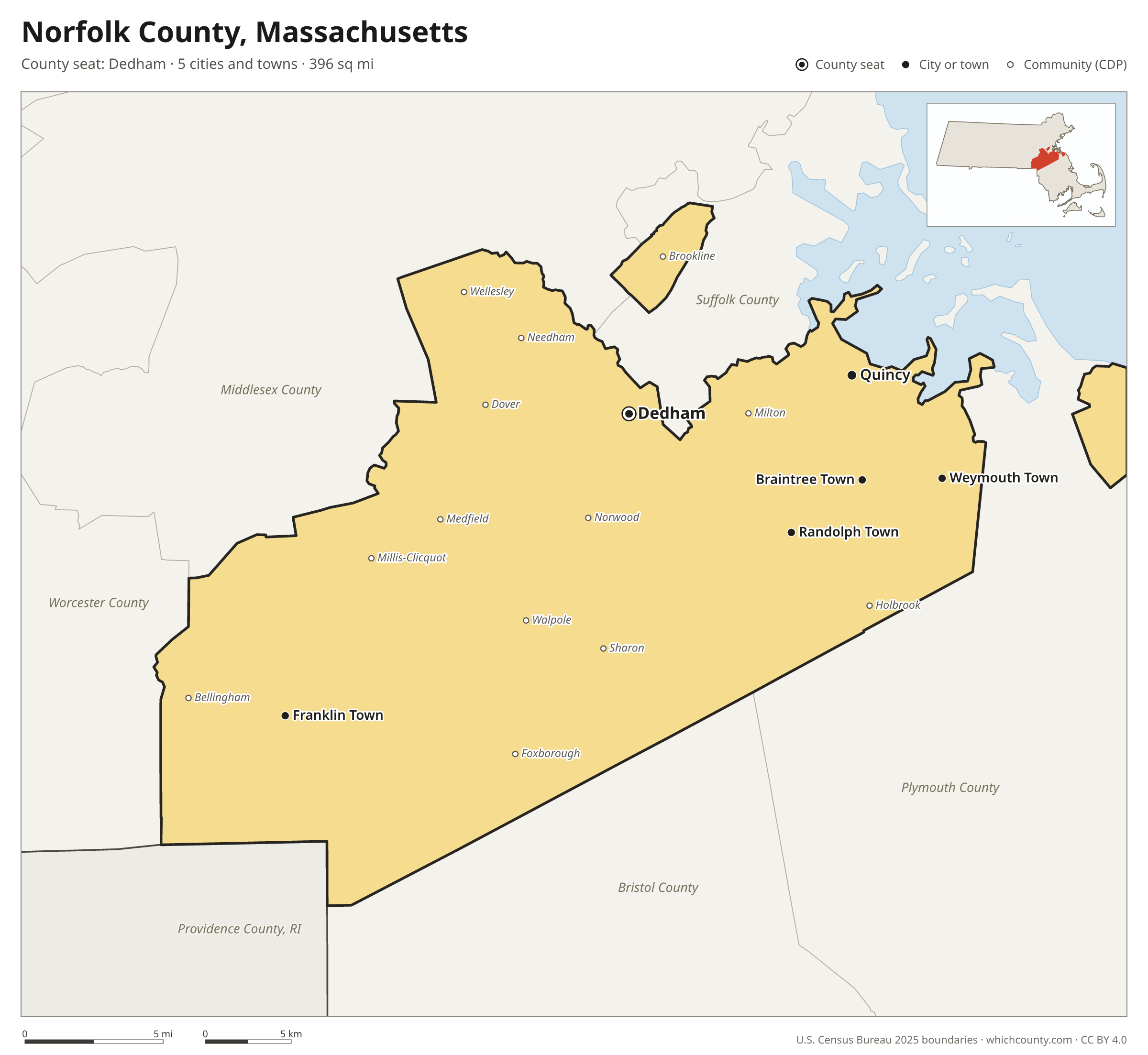 Map of Norfolk County, Massachusetts with cities, towns and the county boundary