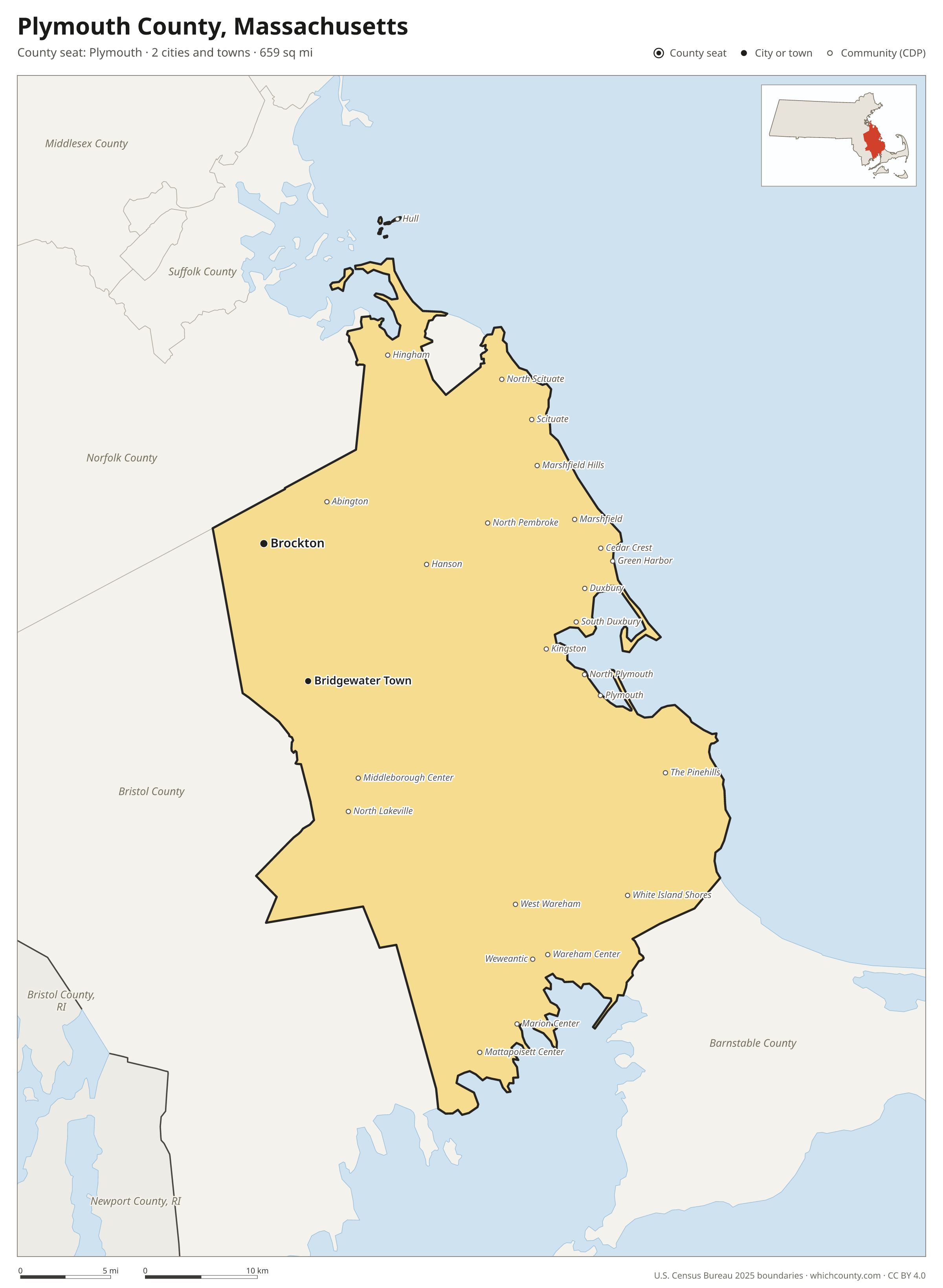 Map of Plymouth County, Massachusetts with cities, towns and the county boundary