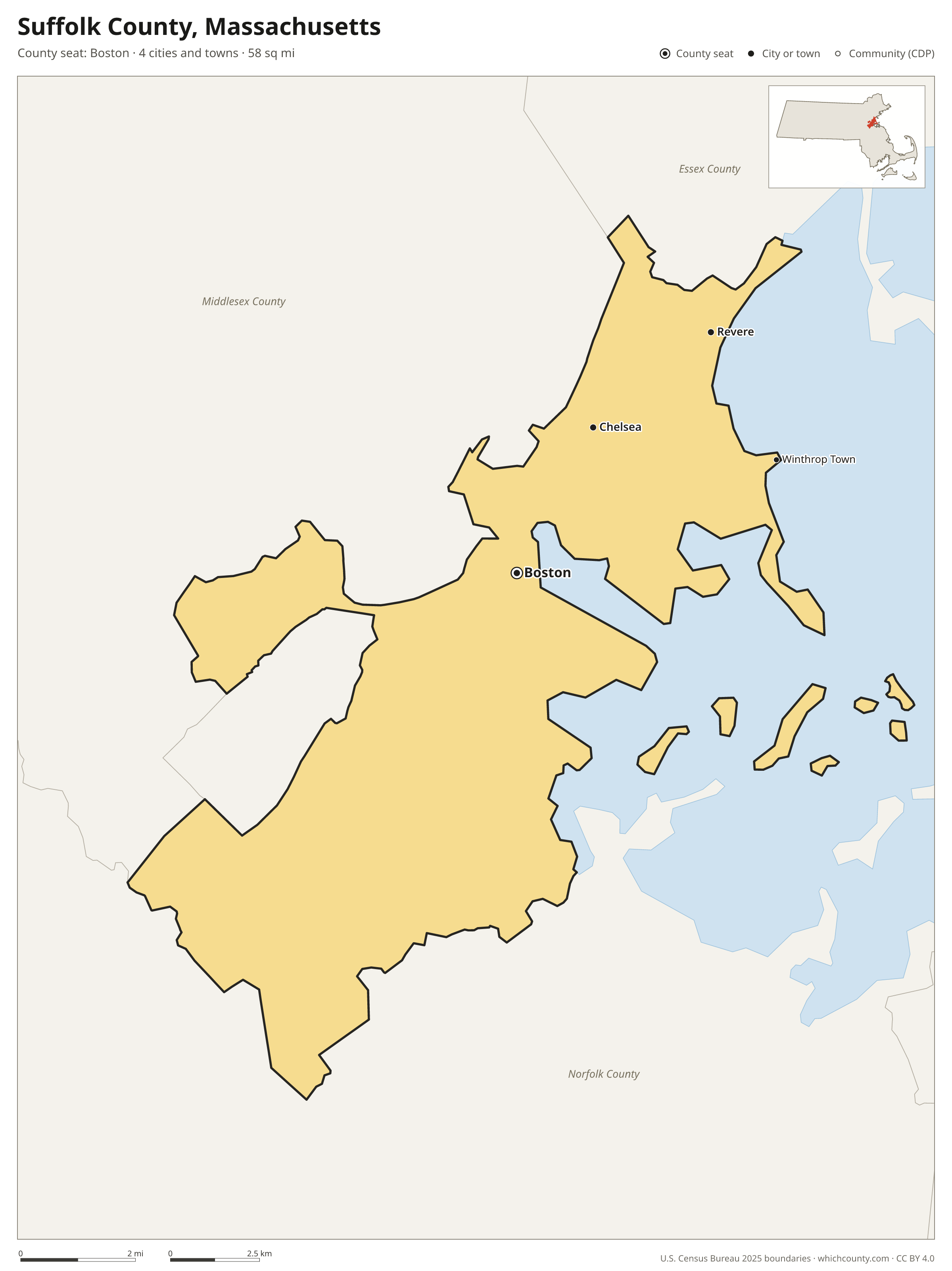 Map of Suffolk County, Massachusetts with cities, towns and the county boundary