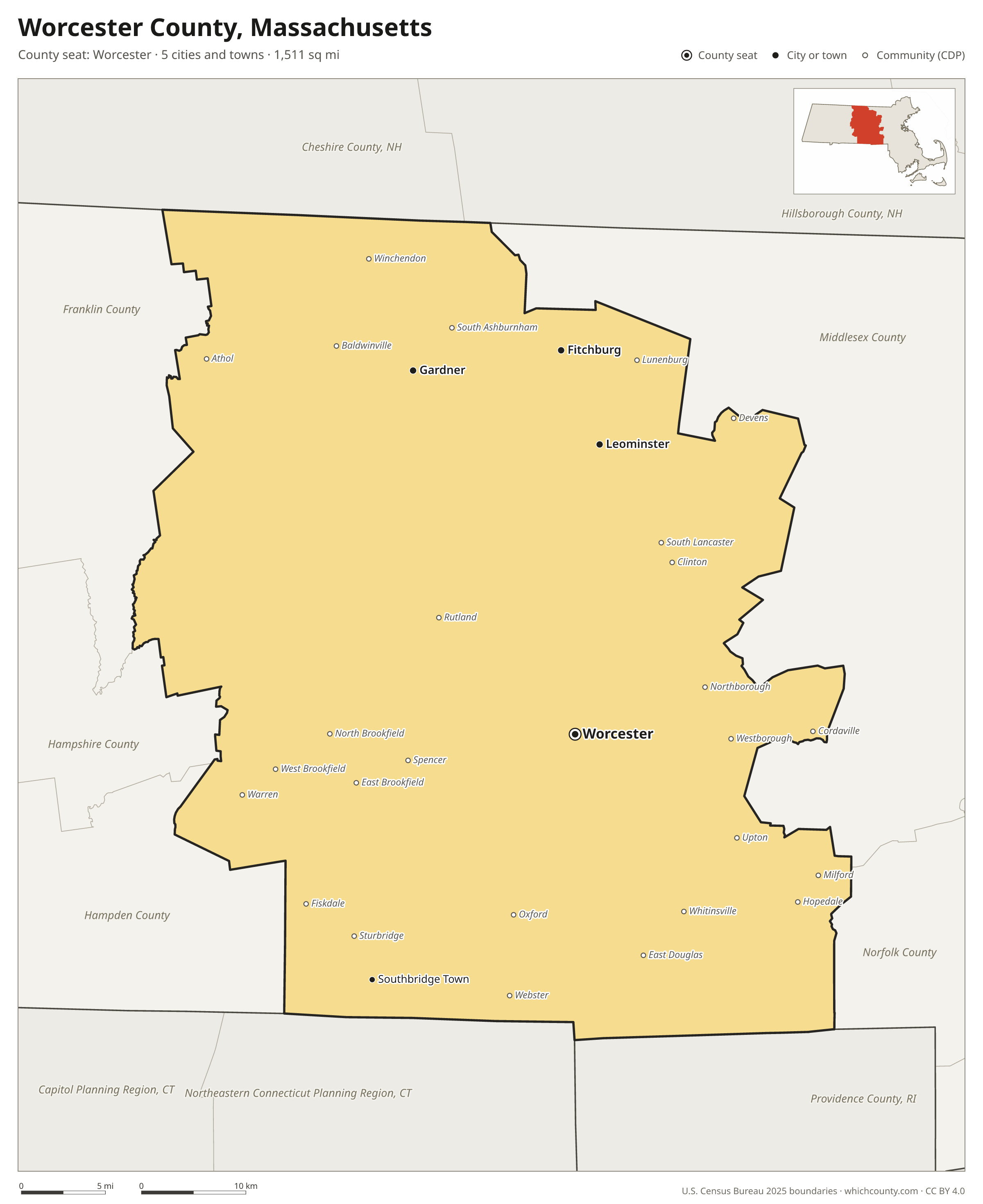 Map of Worcester County, Massachusetts with cities, towns and the county boundary