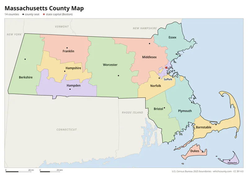 Massachusetts county map with all 14 counties labeled