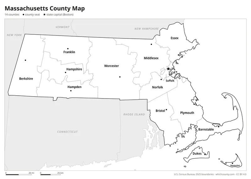 Black and white Massachusetts county map