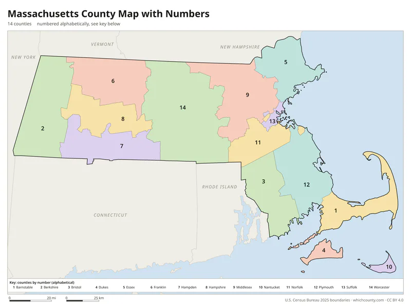 Massachusetts county map with numbers