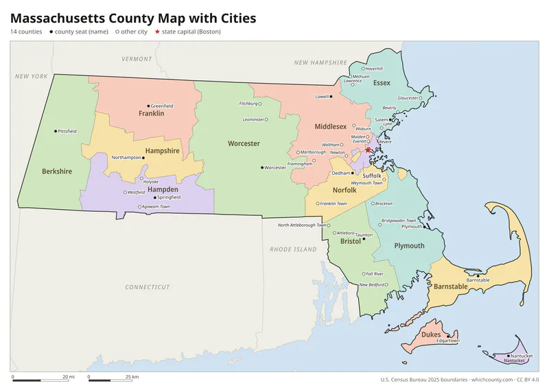 Massachusetts county map with cities and county seats