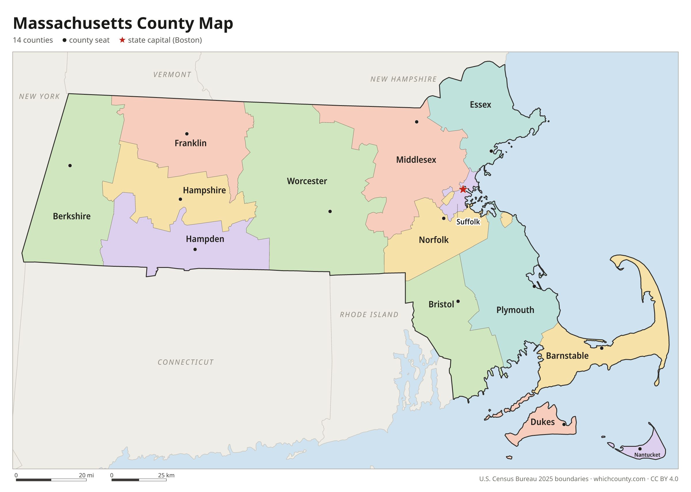 Massachusetts county map showing all 14 counties with county names and county seats