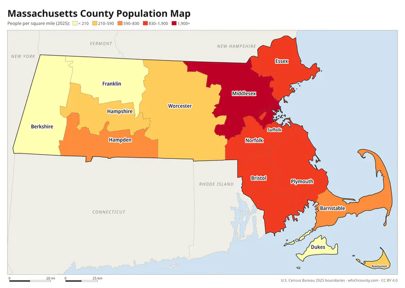 Map of Massachusetts counties shaded by population density