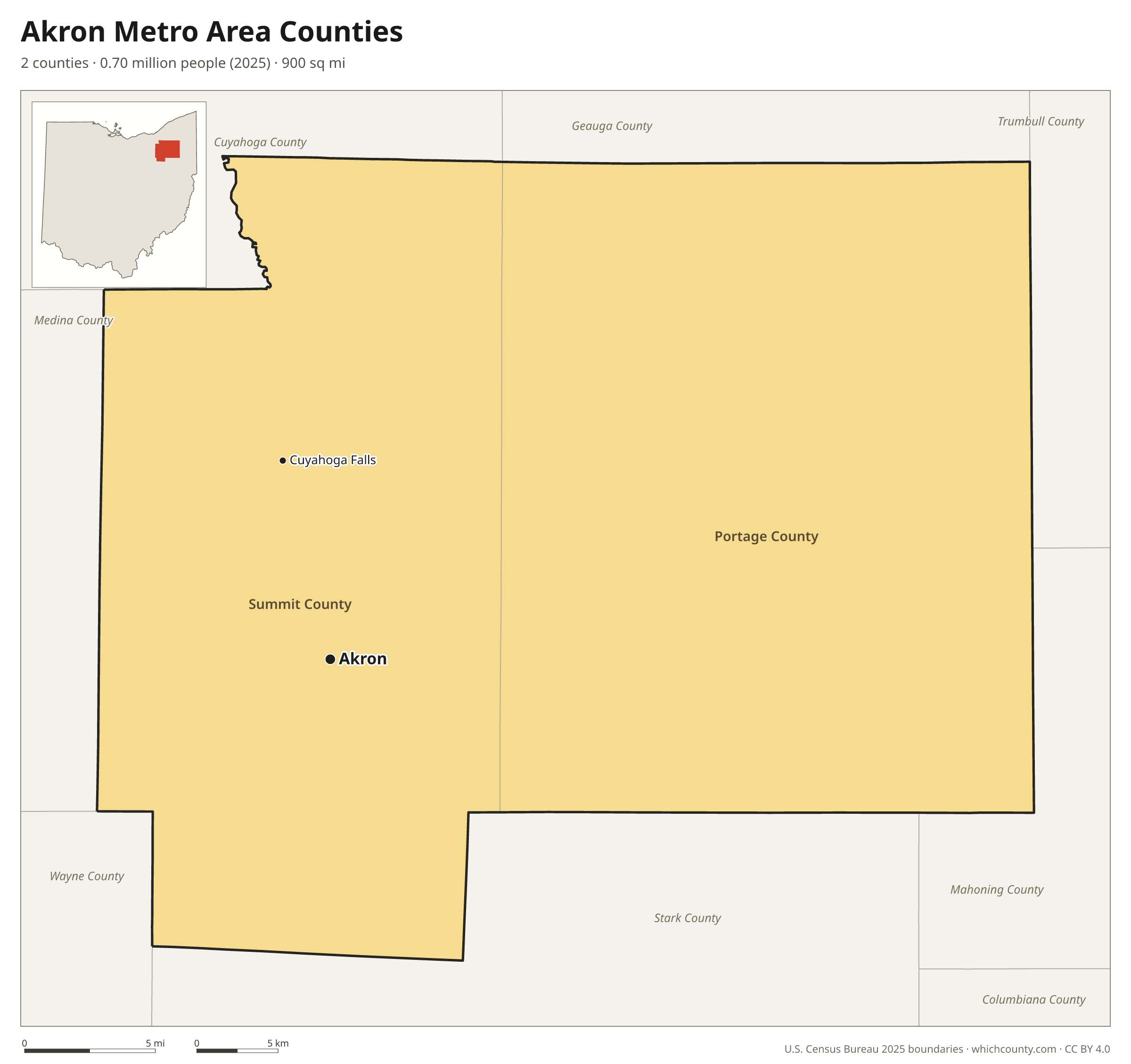 Map of the 2 counties of the Akron metro area with county names and major cities