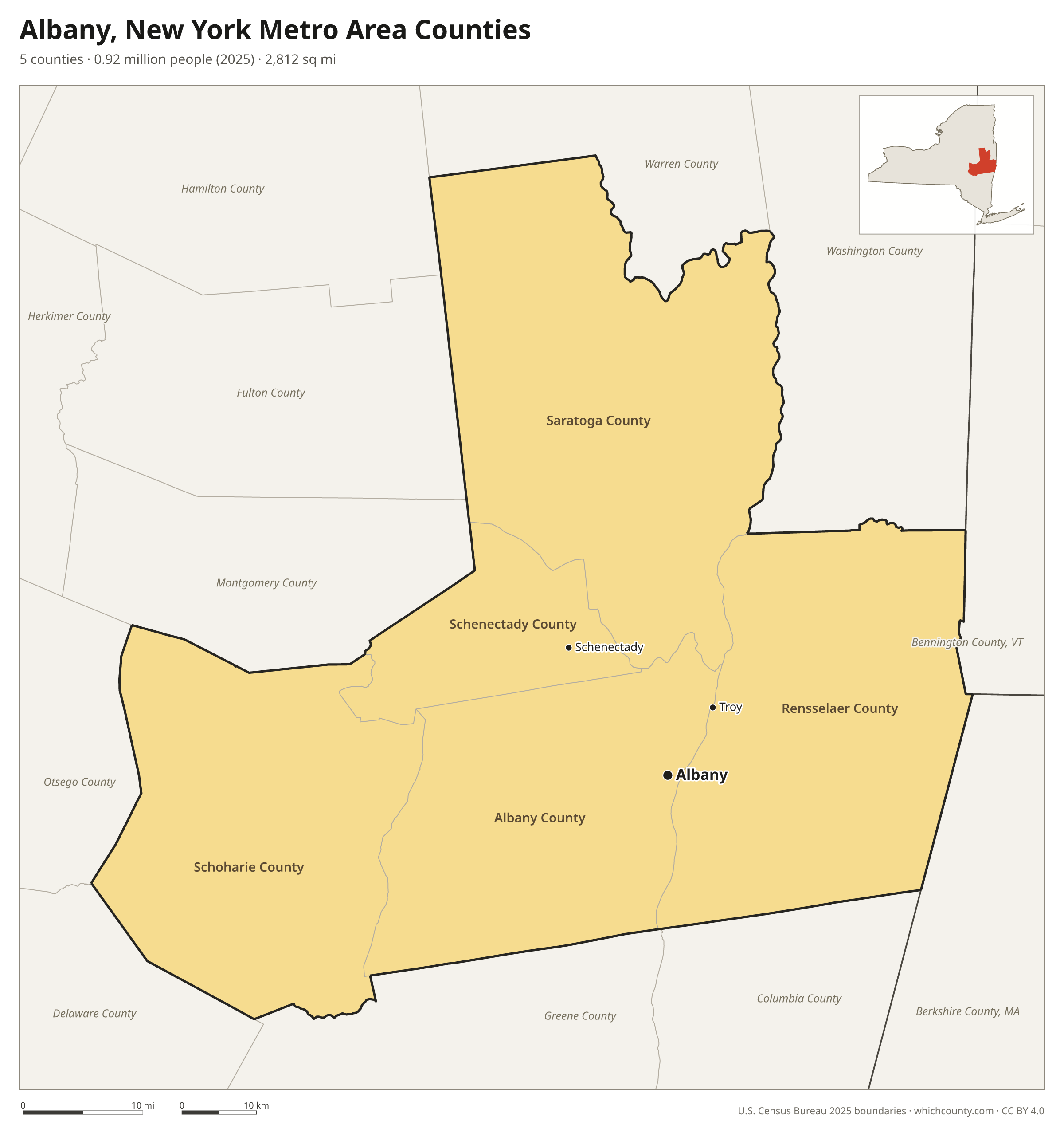 Map of the 5 counties of the Albany, New York metro area with county names and major cities