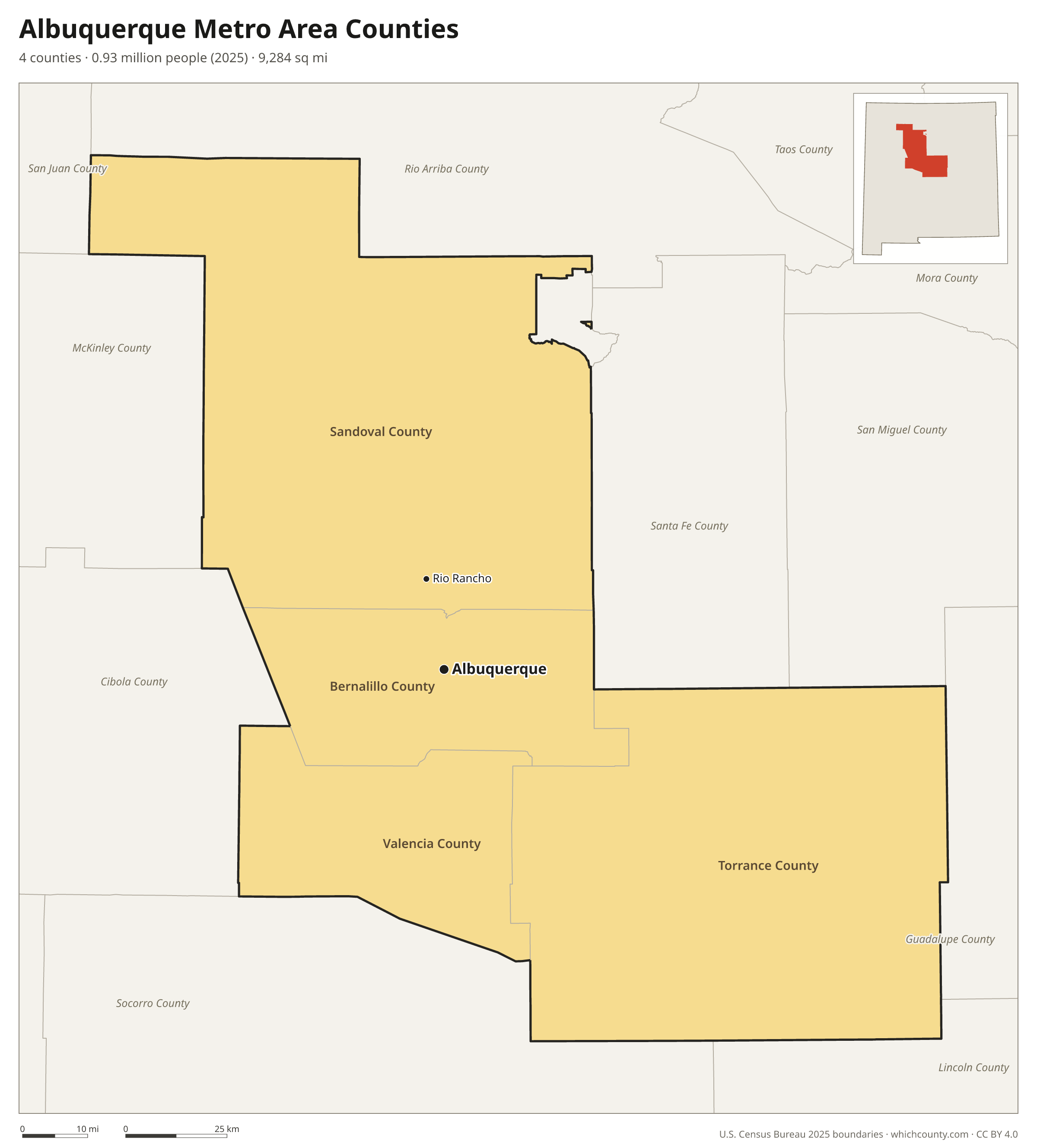 Map of the 4 counties of the Albuquerque metro area with county names and major cities