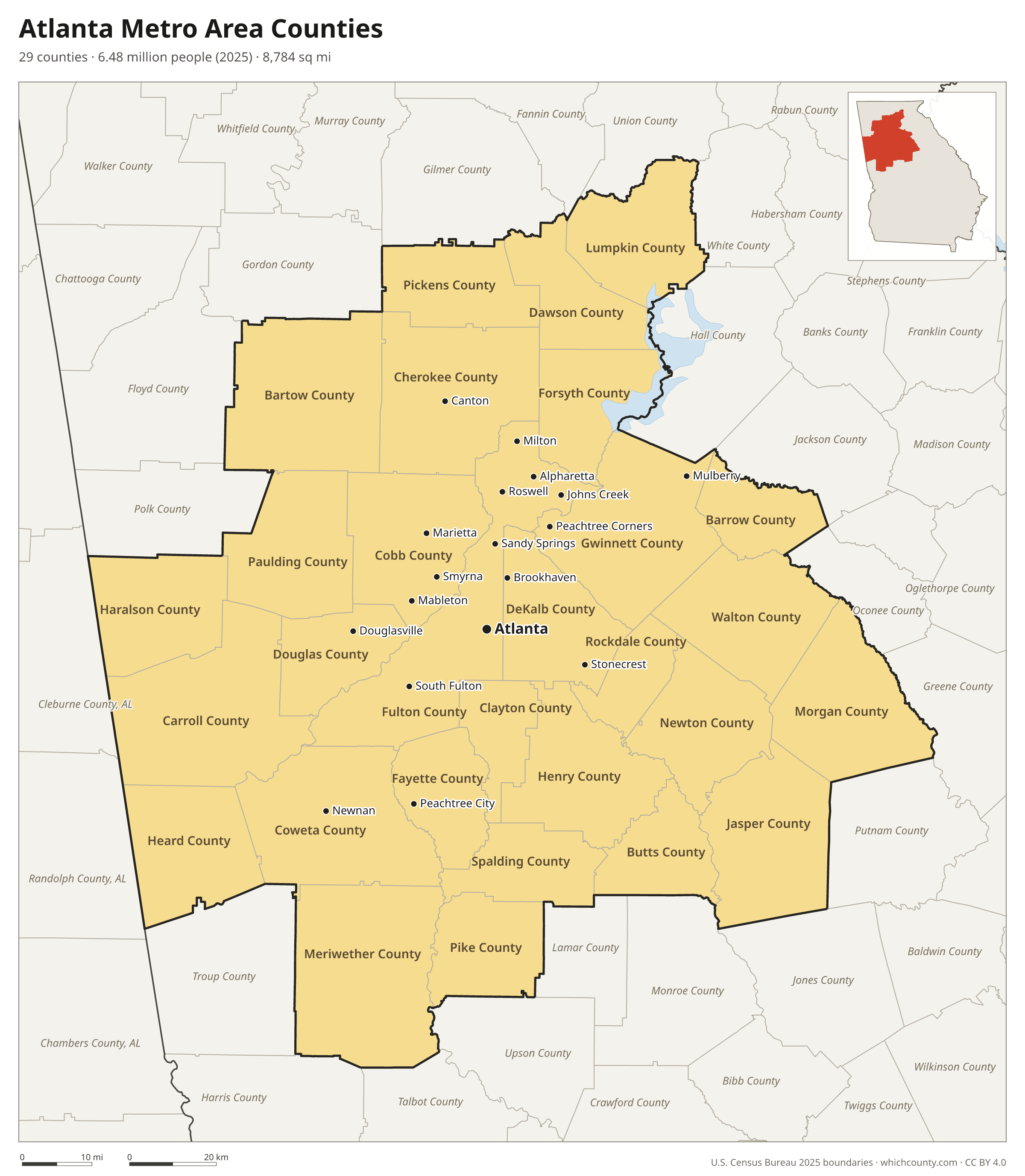 Map of the 29 counties of the Atlanta metro area with county names and major cities