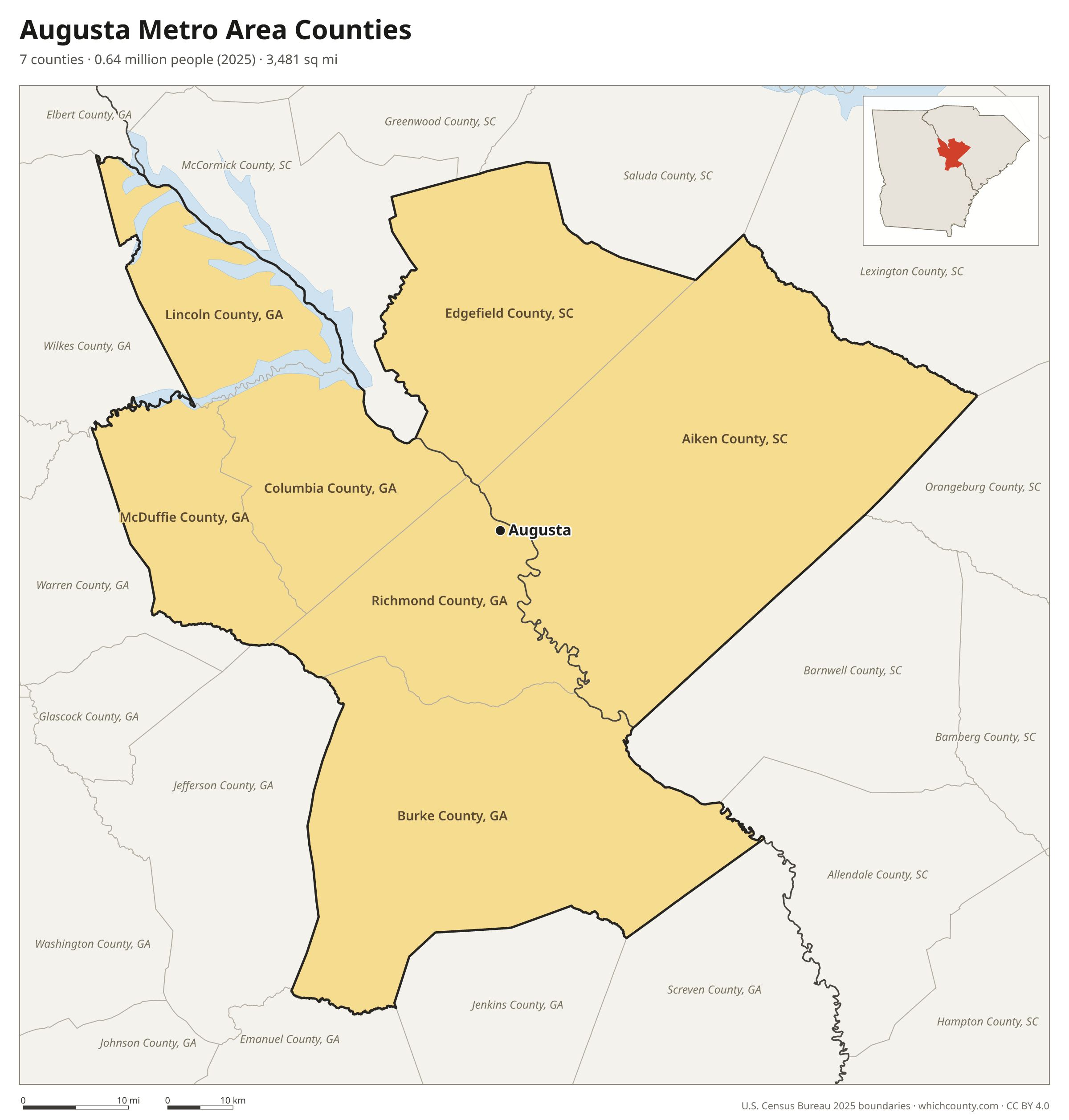 Map of the 7 counties of the Augusta metro area with county names and major cities