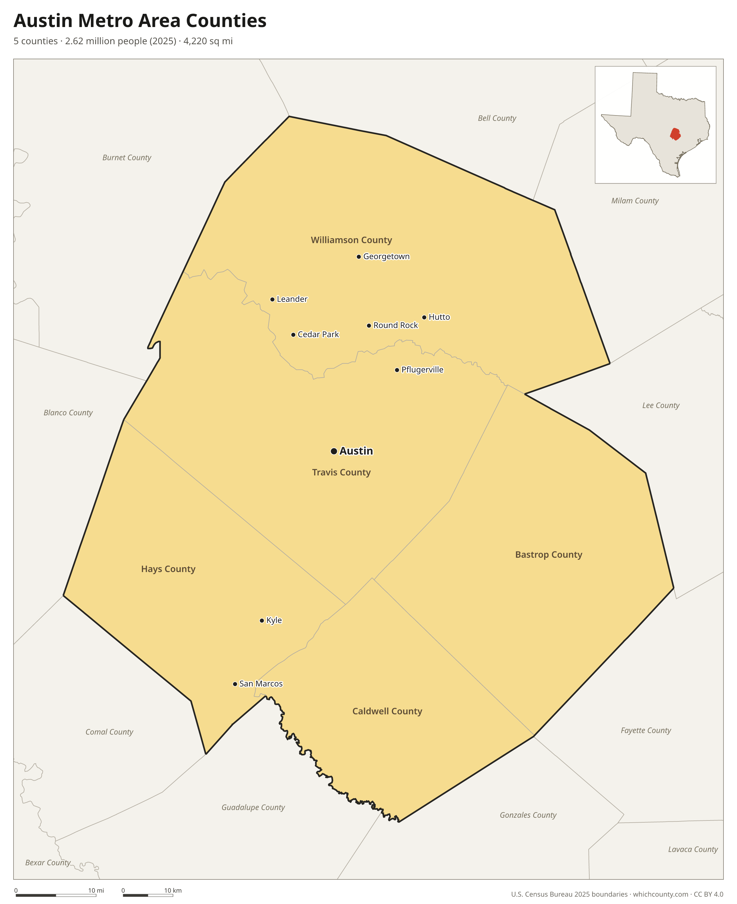 Map of the 5 counties of the Austin metro area with county names and major cities