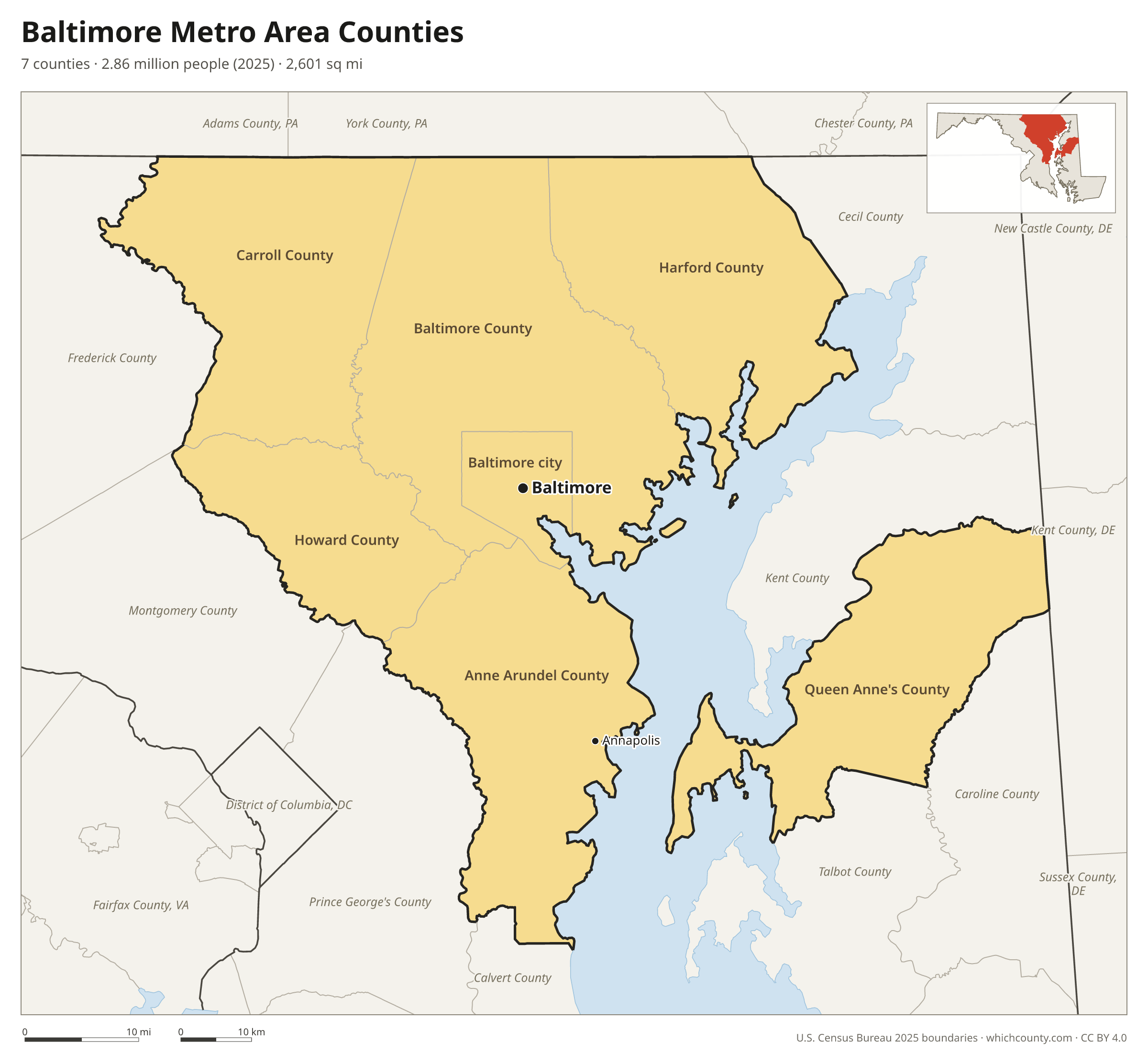 Map of the 7 counties of the Baltimore metro area with county names and major cities