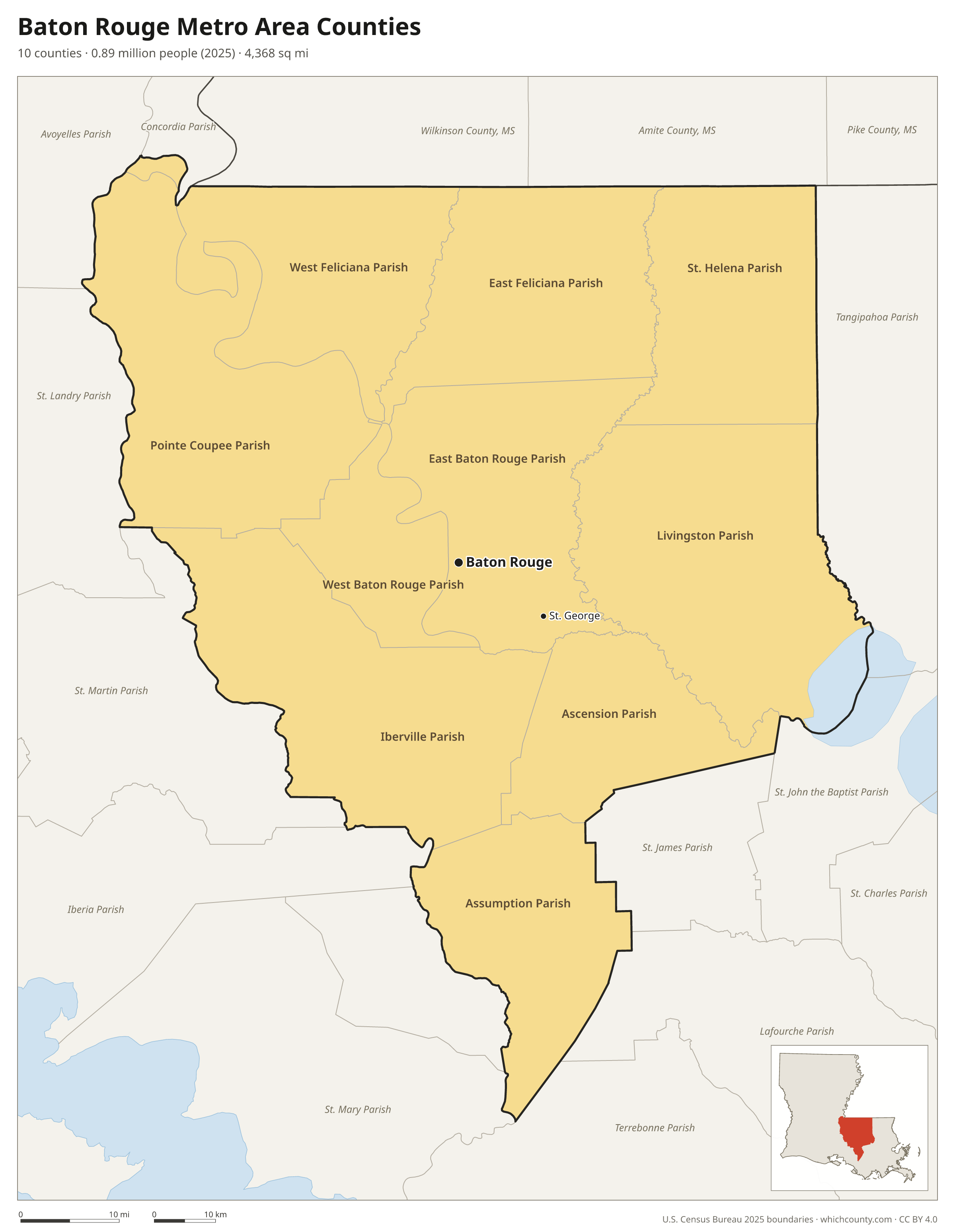 Map of the 10 counties of the Baton Rouge metro area with county names and major cities