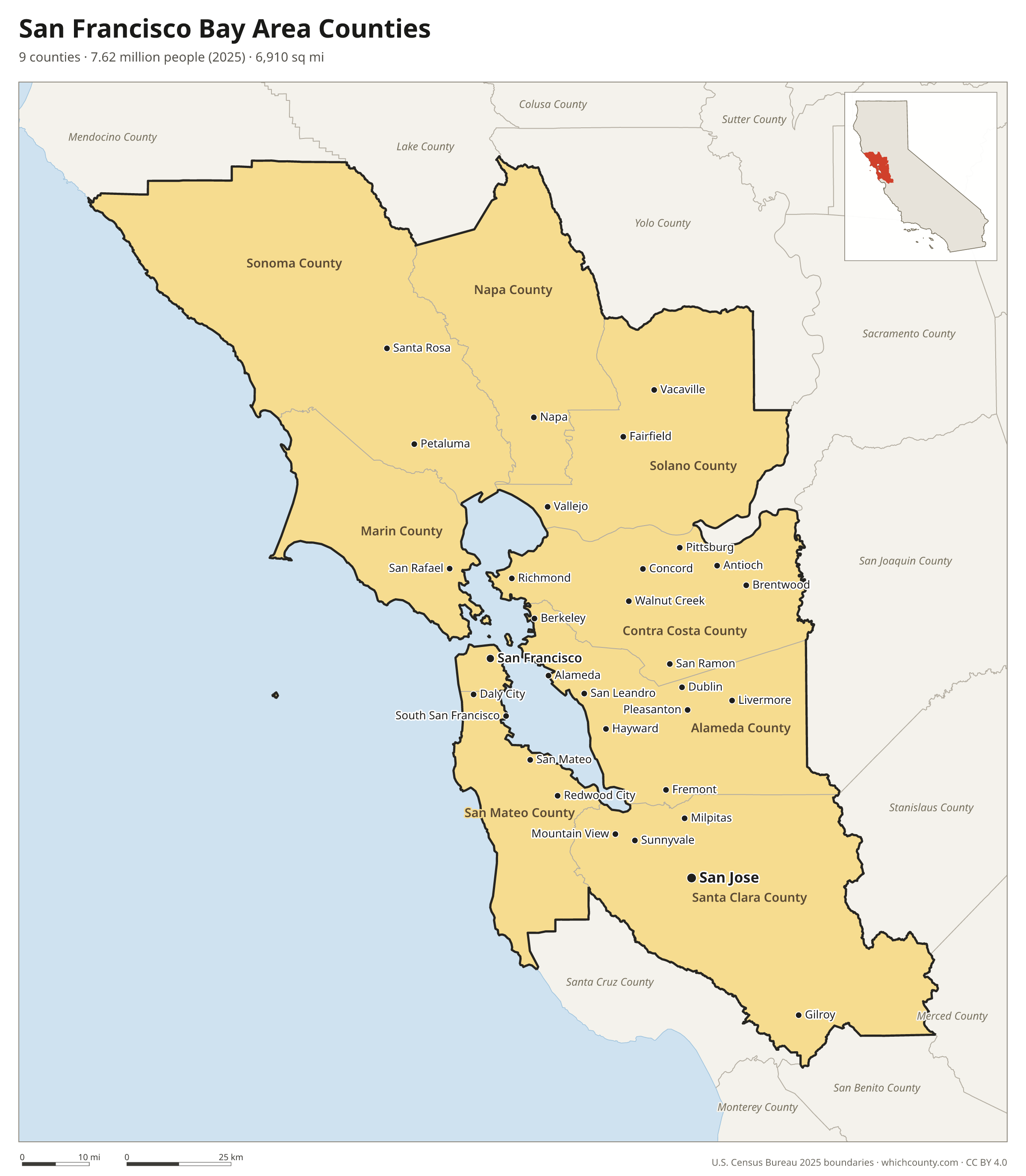 Map of the 9 counties of the San Francisco Bay Area region with county names and major cities