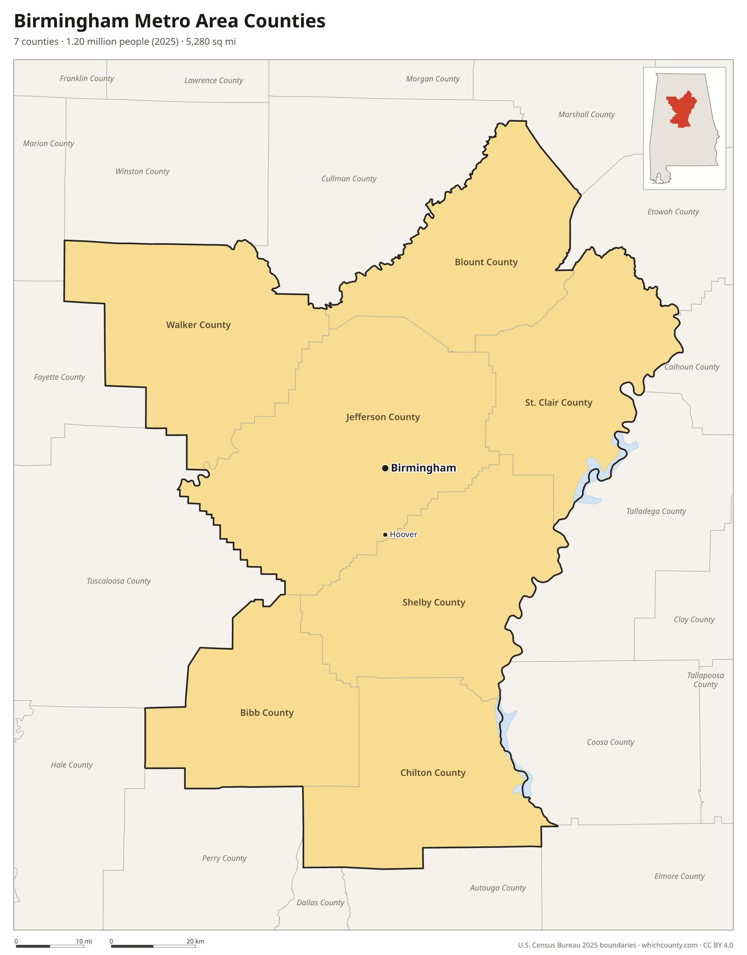 Map of the 7 counties of the Birmingham metro area with county names and major cities