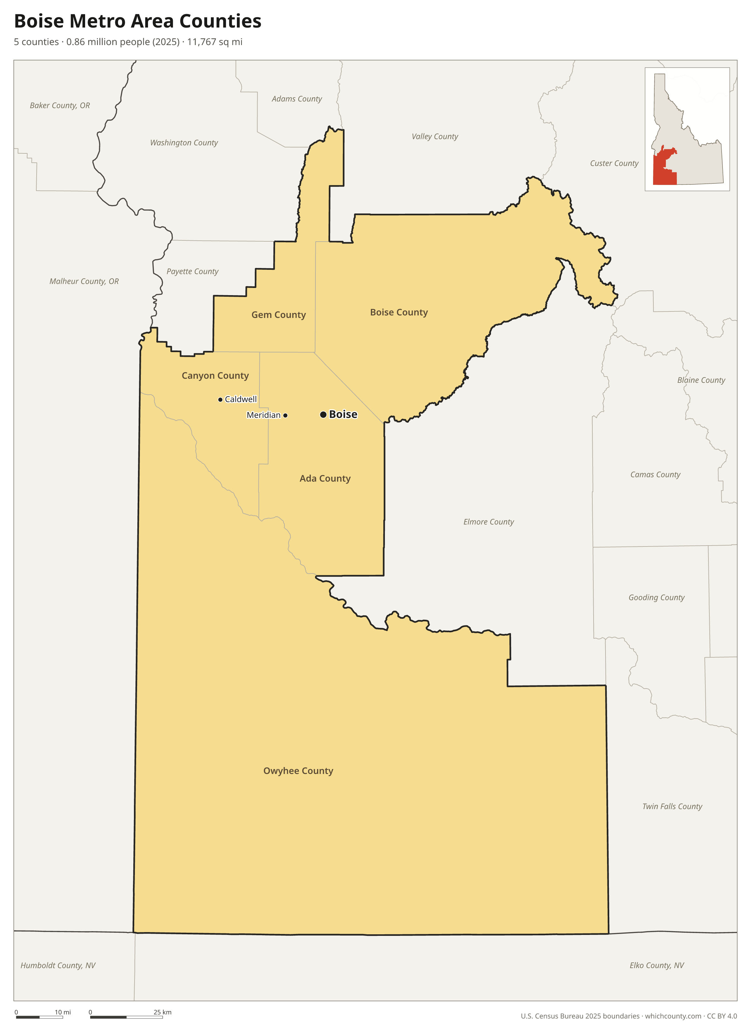 Map of the 5 counties of the Boise metro area with county names and major cities