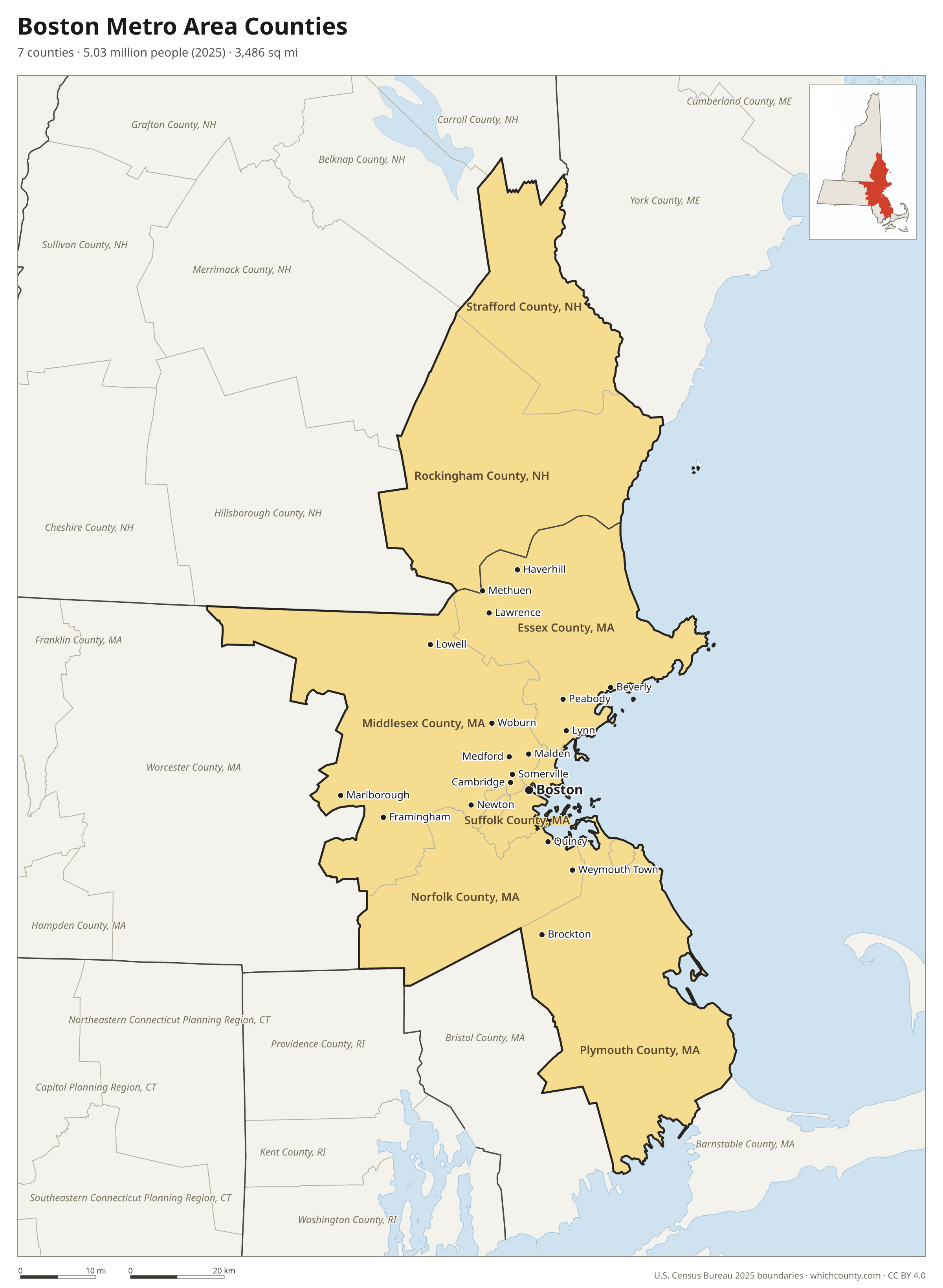 Map of the 7 counties of the Boston metro area with county names and major cities