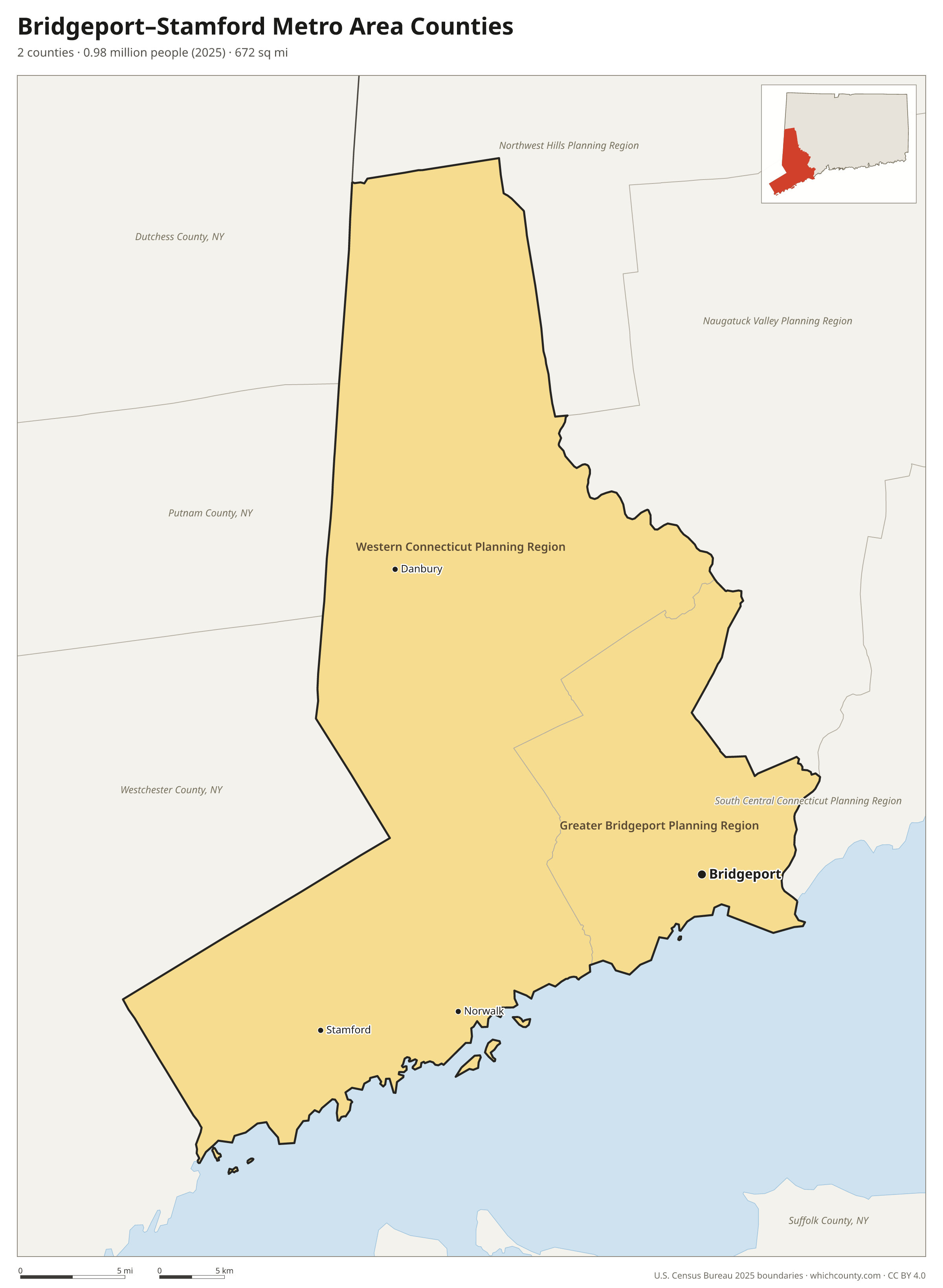 Map of the 2 counties of the Bridgeport–Stamford metro area with county names and major cities
