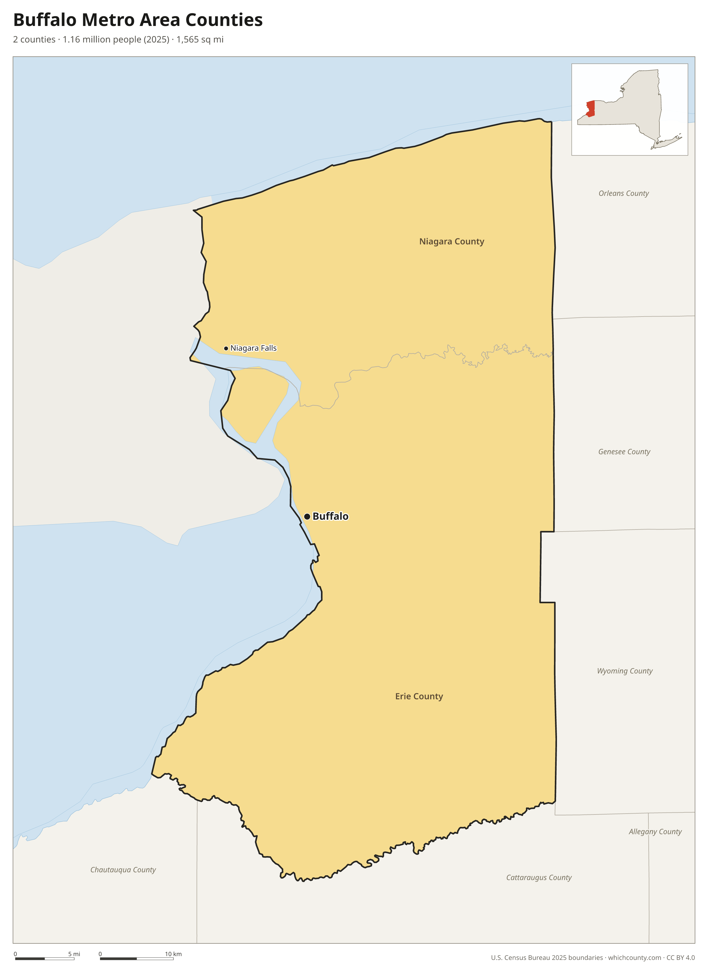 Map of the 2 counties of the Buffalo metro area with county names and major cities