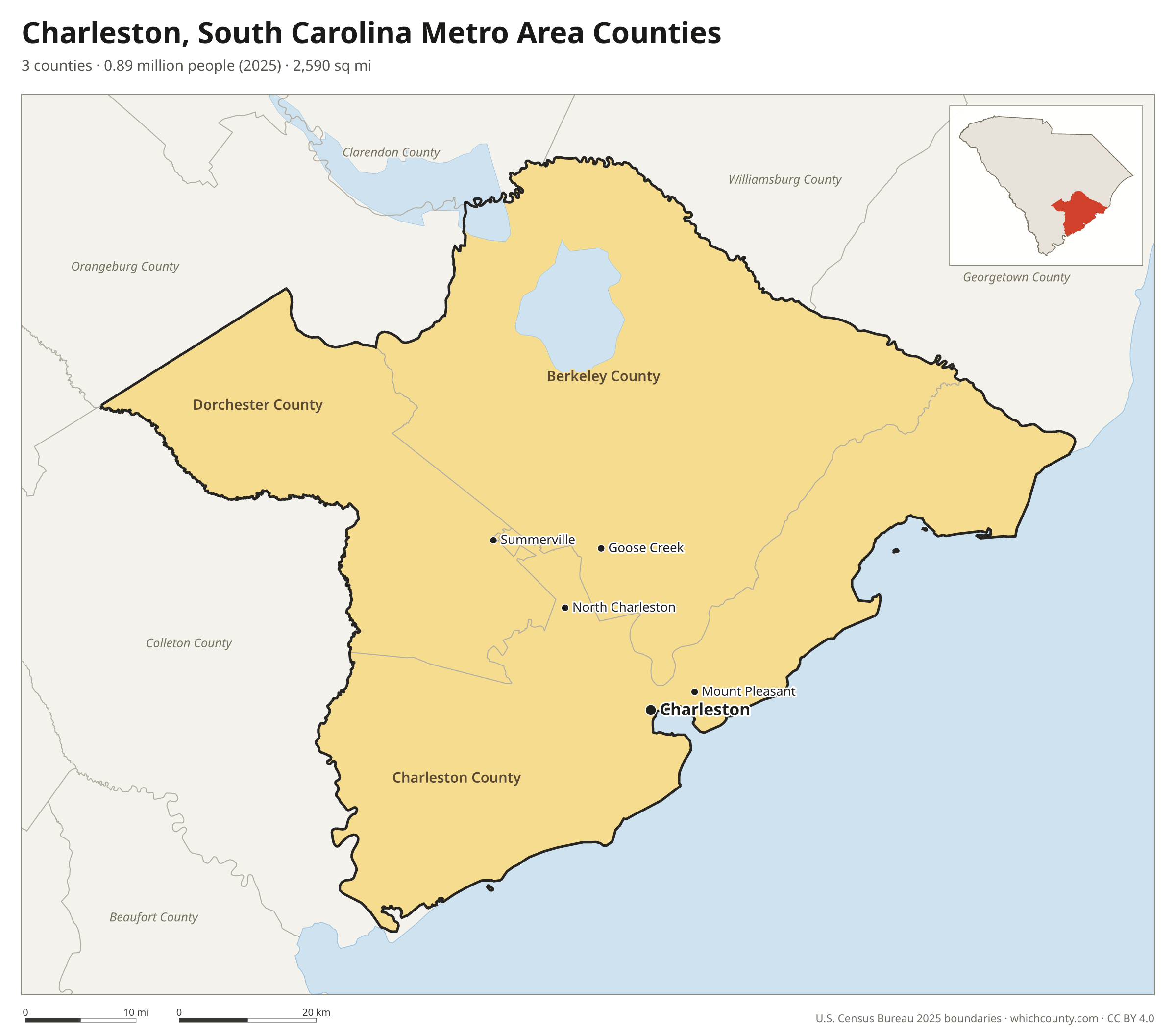 Map of the 3 counties of the Charleston, South Carolina metro area with county names and major cities